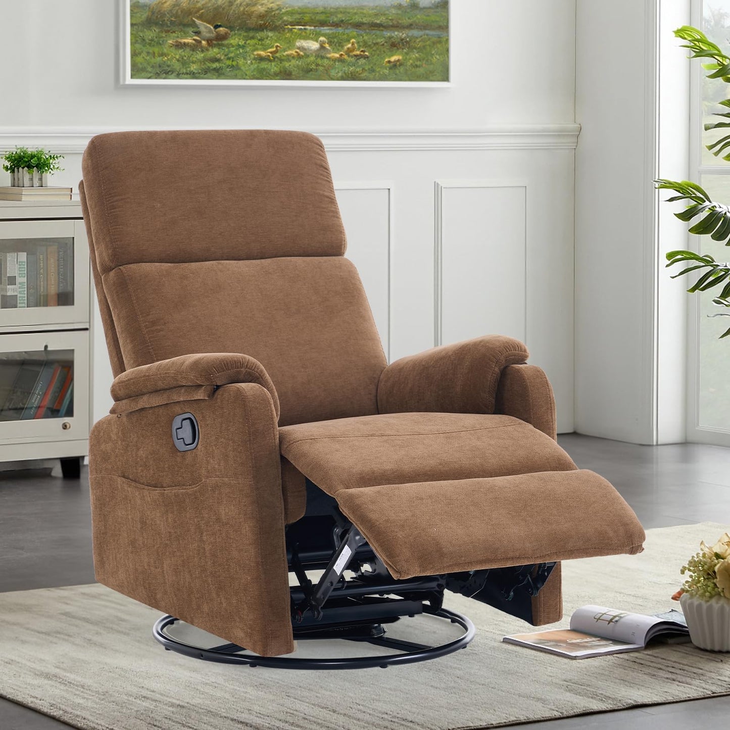 Recliner Chair, 360 Swivel Rocker Chair for Adults, Small Rocking Recliner Chair for Small Spaces, Upholstered Fabric Glider Recliner Nursery with Side Pockets for Living Room, Fabric Brown