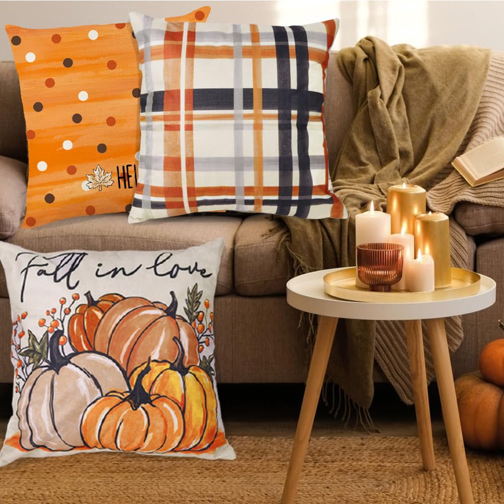 Heirloom Haven 4pcs Hello Fall Pumpkin Throw Pillow Covers 18x18, Autumn Thanksgiving Buffalo Plaid Polka Dots Floral Bicycle Outdoor Home Decor Cushion Cases Seasonal Pillow Cases for Sofa Couch