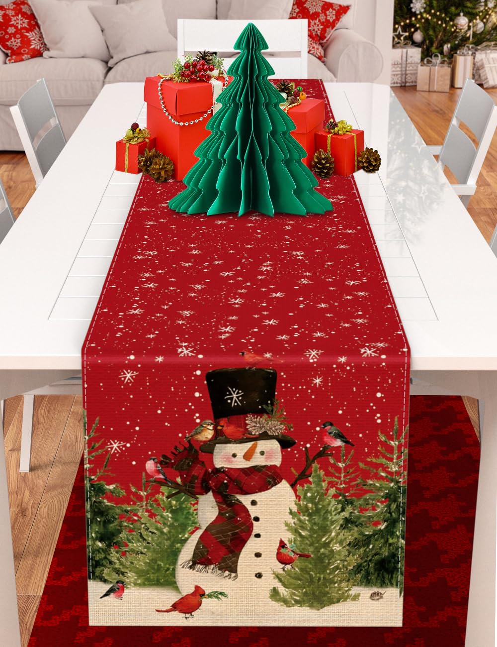 TOYPOPOR Set of 2 Christmas Table Runner, Including Buffalo Linen Christmas Trees Table Runner and Merry Christmas Snowman Table Runner for Xmas Holiday Winter Decoration Indoor Party Wedding - 72in