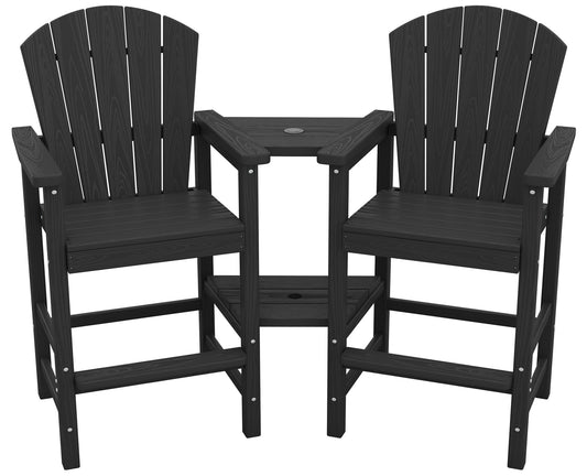 SERWALL Tall Adirondack Chairs Set of 2 with Double Layer Connecting Tray, HDPE Bar Height Outdoor Chairs, Wood-Like Adirondack Bar Stools for Patio, Balcony, Porch, Black