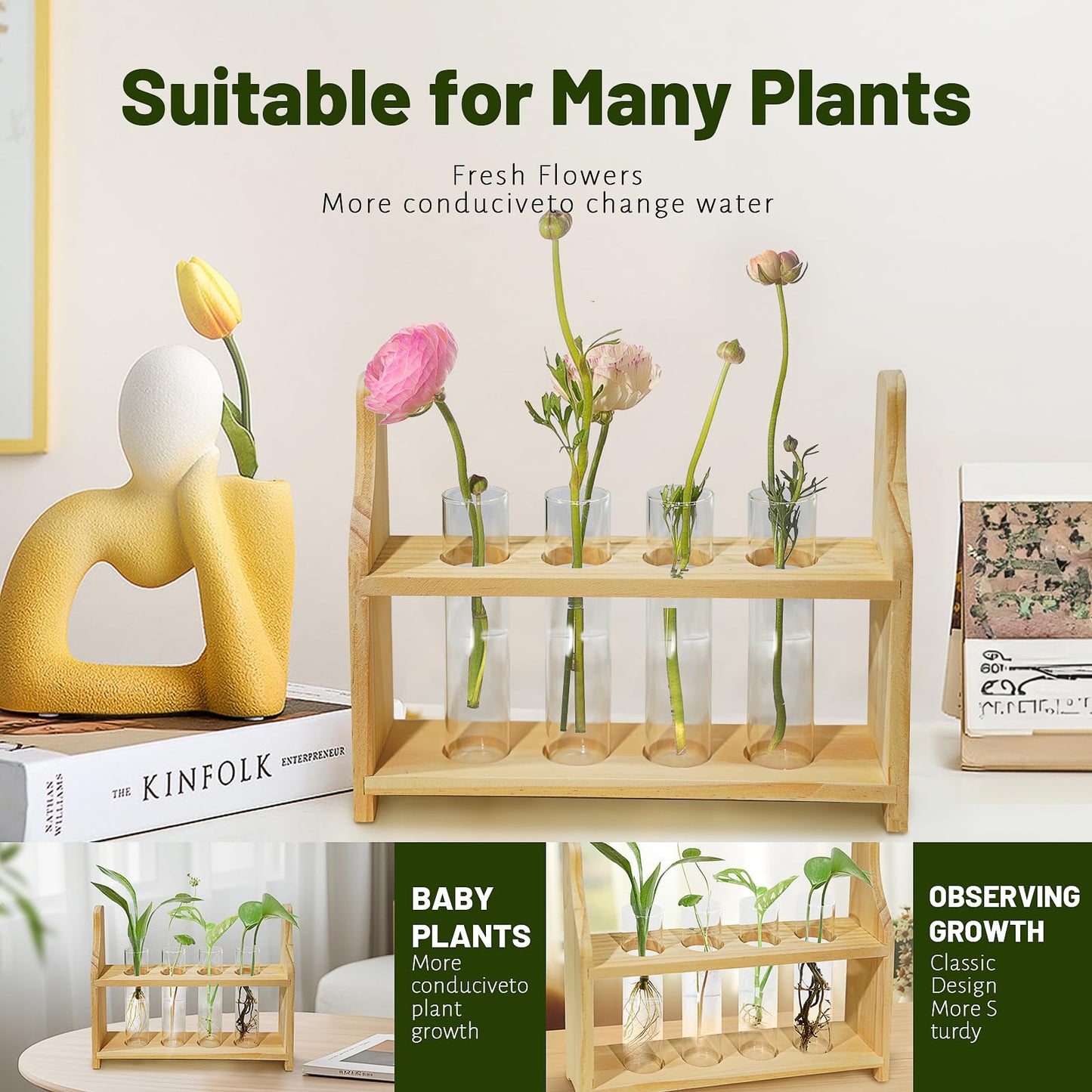 Plant Propagation Station Glass Container for Plants with Wooden Rack Hydroponic Planter, Small Birthday Gardening Gift for Female Moms and Plant Lovers (XXL)