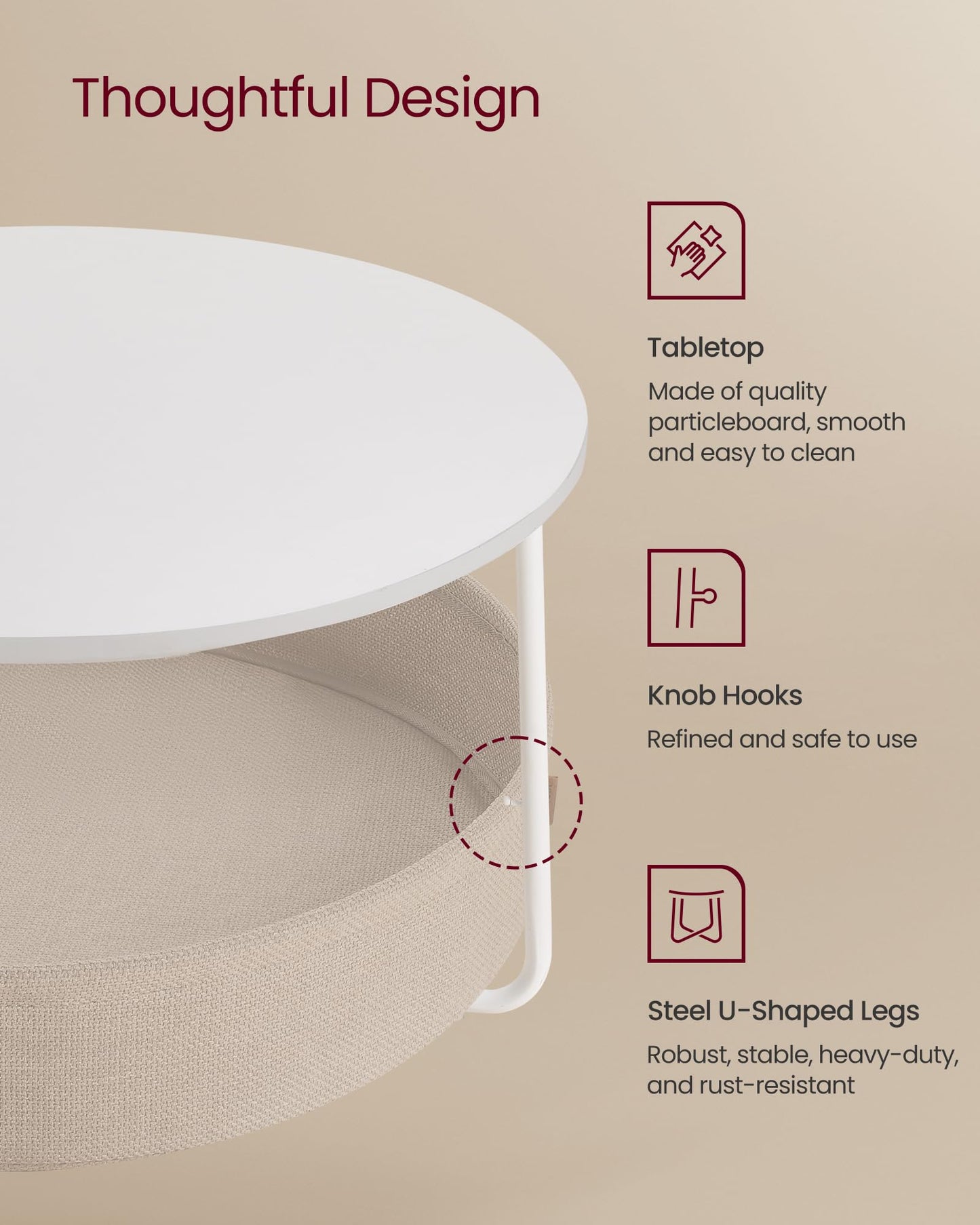 VASAGLE Coffee Table with Storage, Round Center Table for Living Room with Fabric Basket, Modern Style, Metal Frame, Matte White and Camel Brown ULCT244W10
