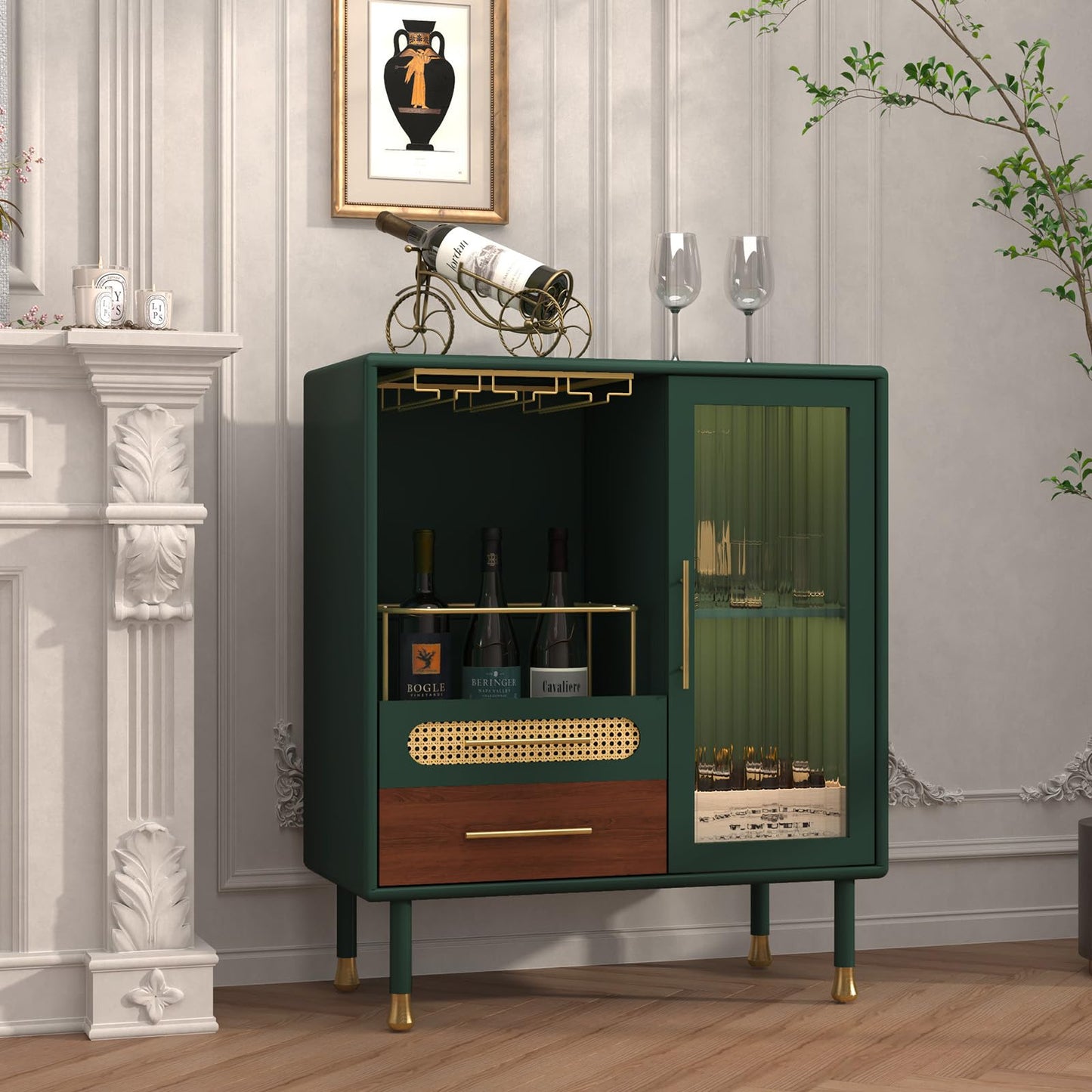 ARTPOWER Modern Coffee Bar Cabinet with Wine Glass Rack and Drawers, Green Liquor Cabinet with Pull-Out Wine Storage for Kitchen, Dining Room, Living Room
