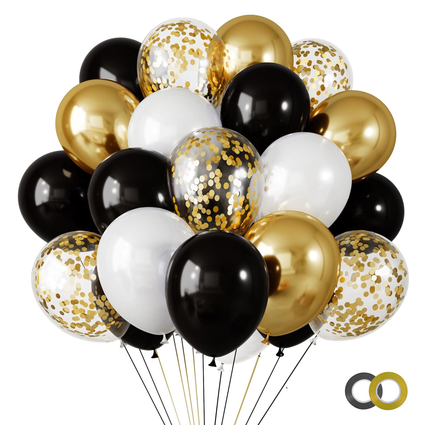 RUBFAC 65pcs 12 Inches Black Gold Confetti Balloons Kit, Metallic Gold and Black White Party Balloons with Ribbons for Birthday, Wedding, Baby Shower, Graduation, Happy New Year Decorations