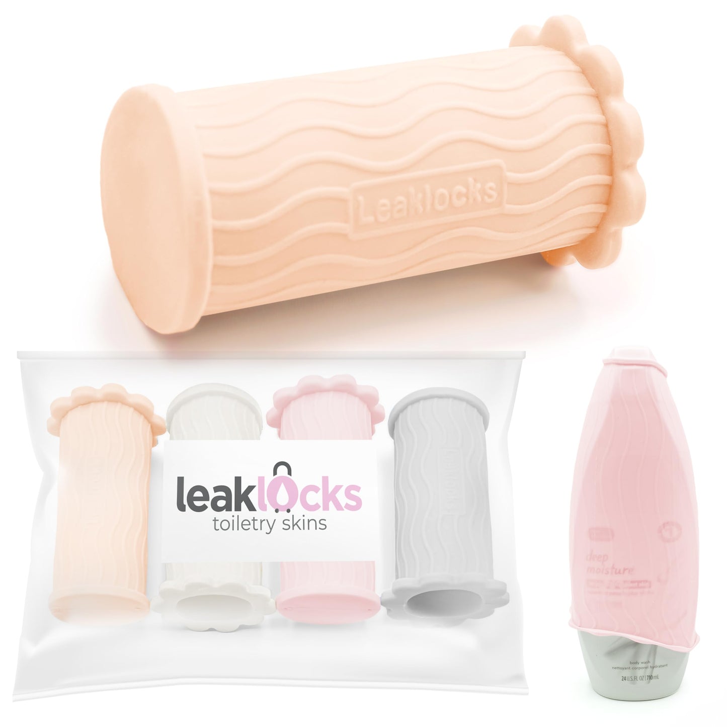 LeakLocks® Toiletry Skins™ Elastic Sleeve for Leak Proofing Travel Container in Luggage. For Standard and Travel Sized Toiletries. Reusable Accessory for Travel Bag Suitcase and Carry-on Luggage
