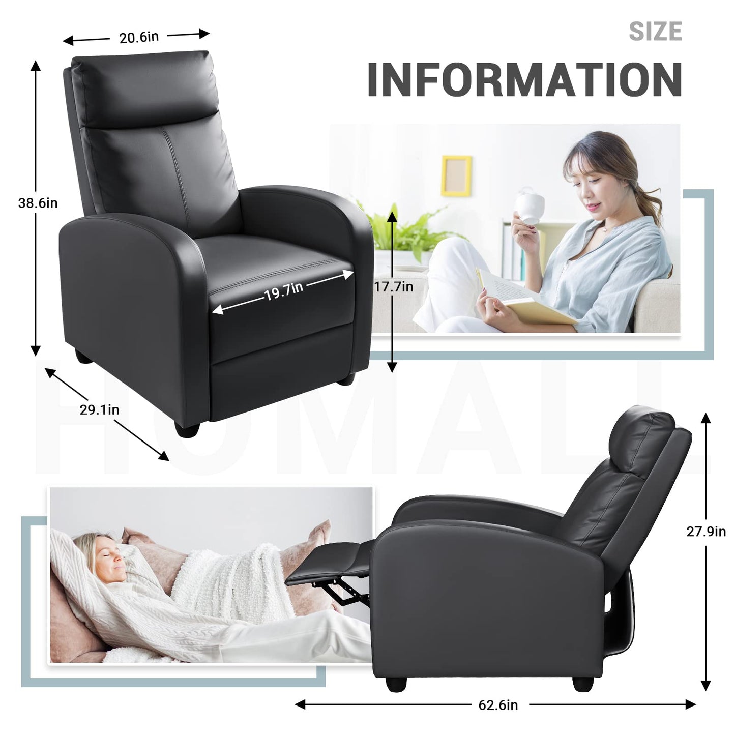 Homall Modern Recliner Chair Padded Seat Pu Leather for Living Room Single Sofa Recliner Seat Club Chair Home Theater Seating (Black)