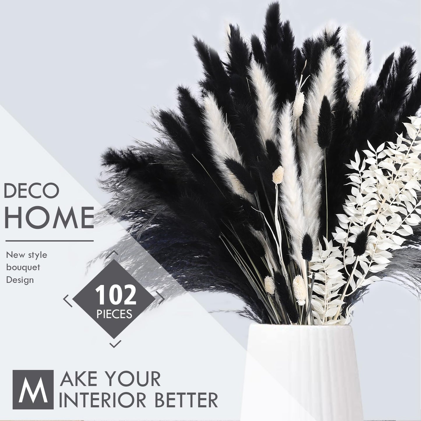 102PCS Black Pampas Grass Decor, Grey White Natural Dried Pampas Grass Bulk, Boho Home Decor Bouquet, Black and White Dried Flowers Decor, Halloween Wedding Floral Arrangements Vases Decorations