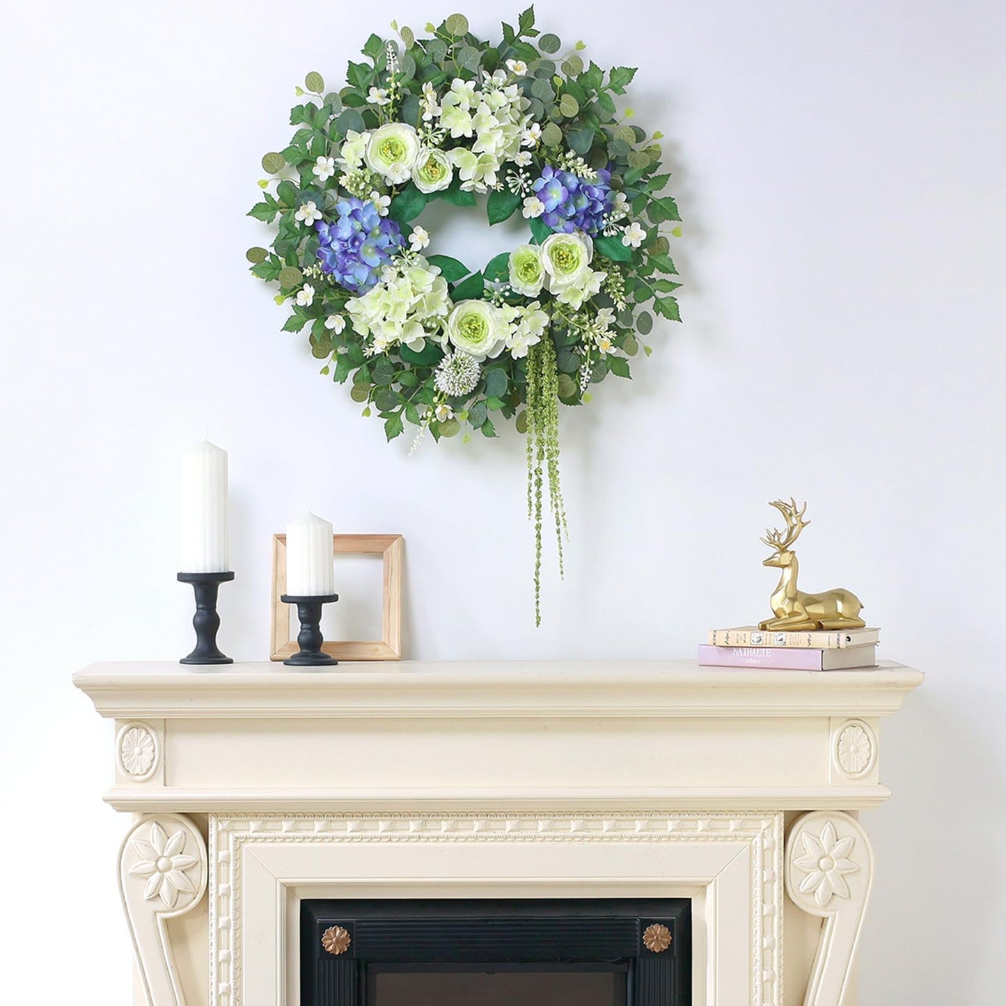 26" Hydrangea & Eucalyptus Wreath for Front Door, Porch, Window - Large Artificial Silk Flowers Outdoor Wreath for Home, Farmhouse, Wedding Decor - Spring, Summer, All Seasons (White&Purple)