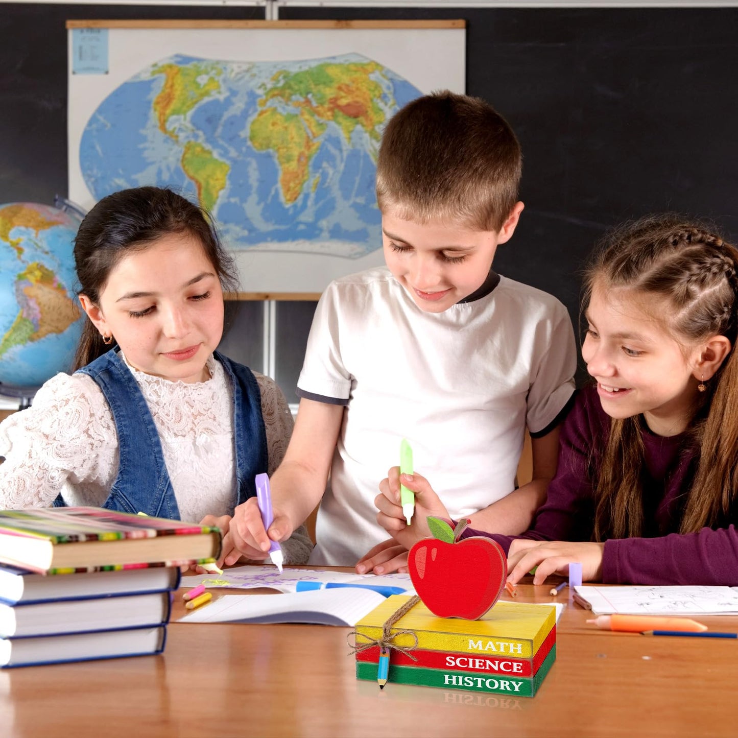 Yousoontic 4 Pcs Back to School Table Decor First Day of School Tiered Tray Decoration Apple Book Pencil Classroom Decor Wood Stacks Books Centerpiece for Classroom Home Office Desk Decorations