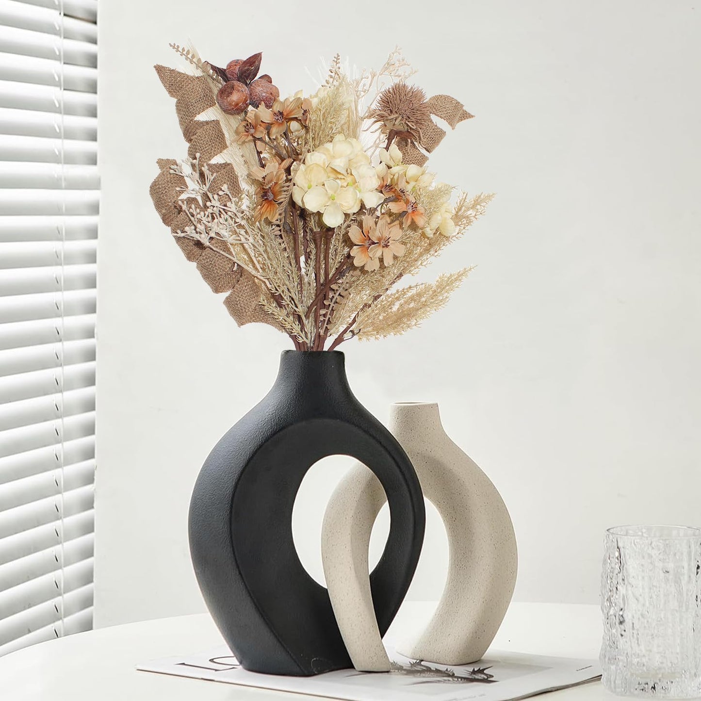 18Pcs Boho Faux Fall Dried Pampas Grass Silk Hydrangea Flowers Bouquets Fall Decor, Fake Autumn Thanksgiving Harvest Stems Fall Picks Branches Floral Arrangements for Vase 18"