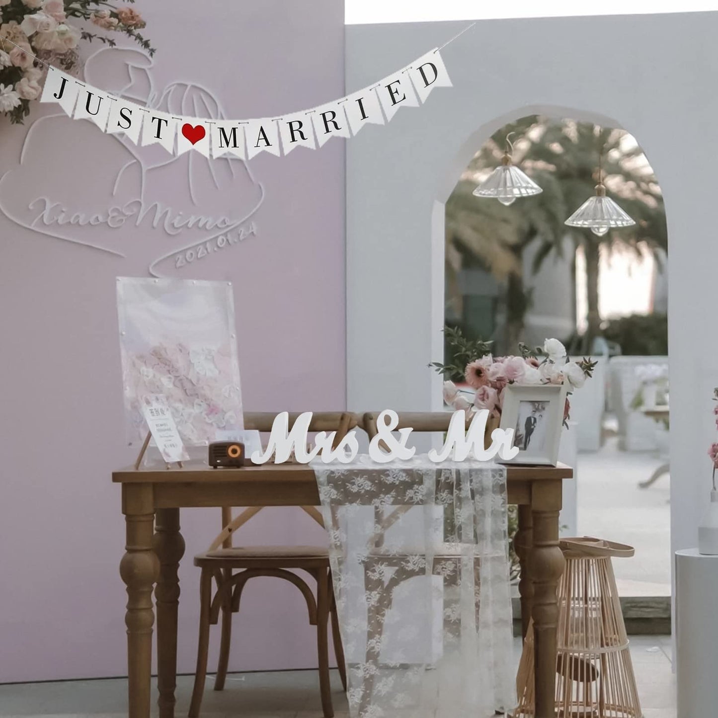 Large White Wooden Mr & Mrs Sign with Just Married Banner White Sweetheart Table Decorations & Photo Props for Anniversary Parties
