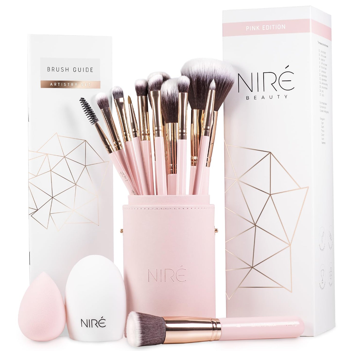 Niré Beauty 15piece Award Winning Pink Makeup Brushes: Pink Makeup Brush Set with Case, Makeup Sponge, Brush Cleaner, Guide, Gift Box