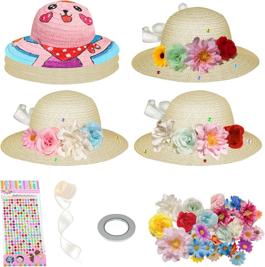12 Set DIY Tea Party Hats for Girls Straw Hat with Artificial Flowers Home School Creative Craft Art Painting Hats Cowboy Dress Up Straw Hat Mother‘s Day Tea Birthday Party Decoration Favors Supplies