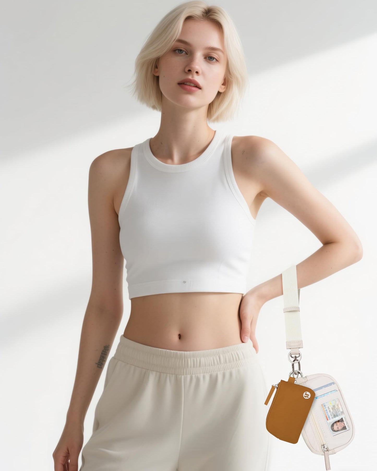 Sunpour Nylon Wristlet Wallet with Keychain for Women,Dual Pouch Small Wallet with Coin Purse & ID Window,Stylish Gift for Travel & Everyday Use (Beige＆Brown)