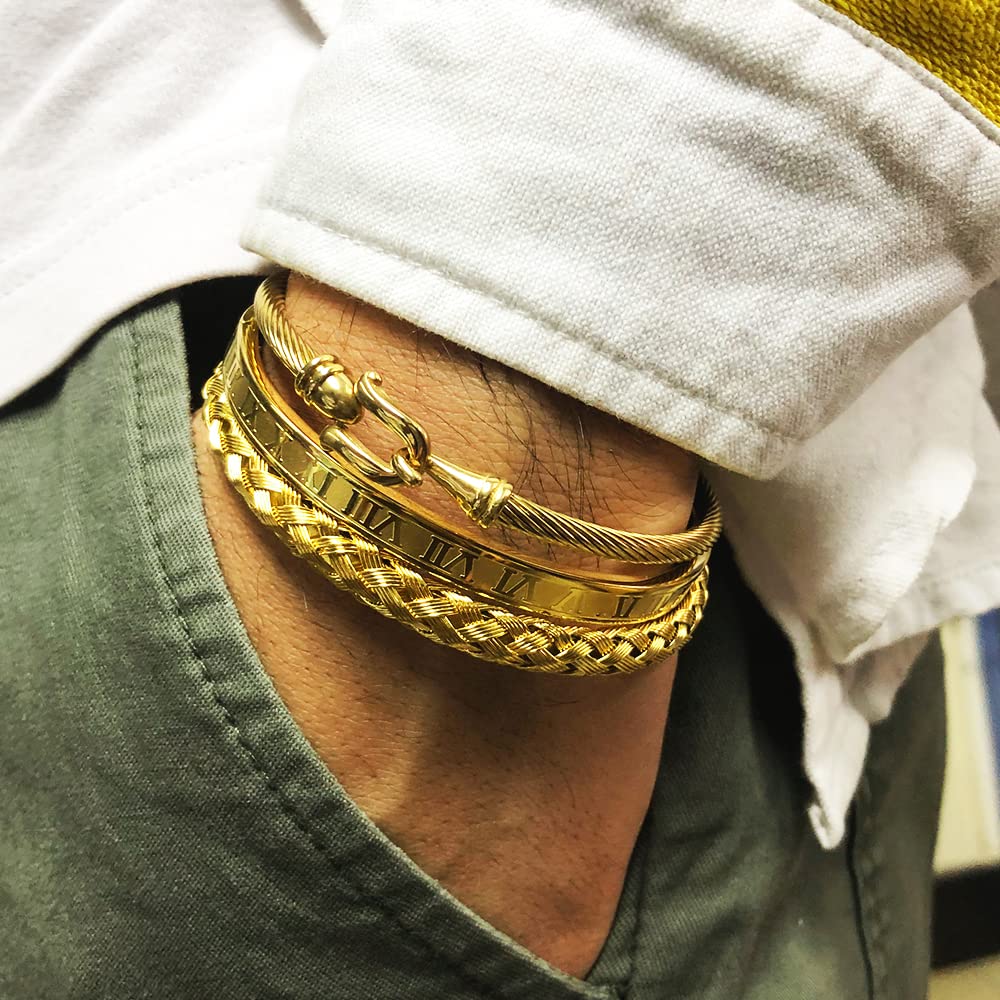 WFYOU 3PCS Stainless Steel Bracelets for Men Gold Roman Numeral Bangle Bracelet Twisted Cable Bracelet Adjustable Cuff Bracelet Mens Luxury Jewelry Bracelets Gifts