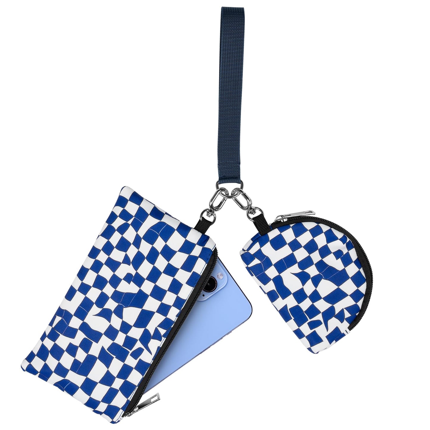 Chanoyu Printed Mini Zip Around Keychain Wristlet Wallet – Large Capacity Dual Pouch Detachable Coin Purse with Keychain, Fits Phone, Soft Nylon, Water-Resistant, Perfect for Daily Use (Blue Check)