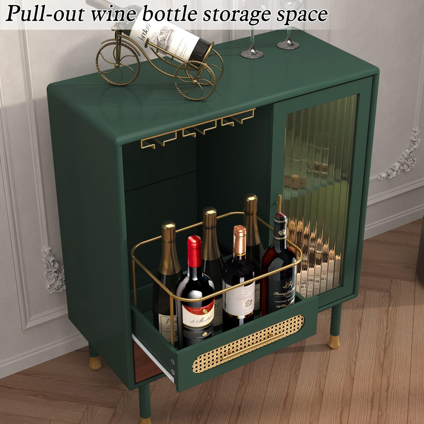 ARTPOWER Modern Coffee Bar Cabinet with Wine Glass Rack and Drawers, Green Liquor Cabinet with Pull-Out Wine Storage for Kitchen, Dining Room, Living Room