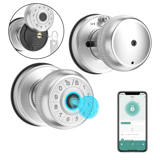 BIWIBON 4-in-1 Smart Door Knob, Fingerprint Door Knob with App Control, Smart Fingerprint Door Lock with Keypad, Real Privacy Mode, Auto Lock, Ideal for Home, Bedroom, Garages &Office, Silver,1 Pack