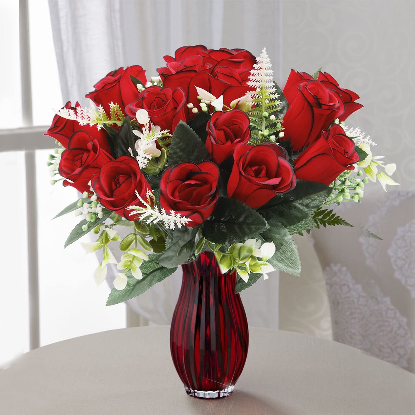U'Artlines 2Pcs Artificial Cemetery Flowers for Grave Silk Memorial Red Rose Flowers Outdoor Grave Flowers for Grave Vase Cemetery Flower Arrangements (Not Included Vase)