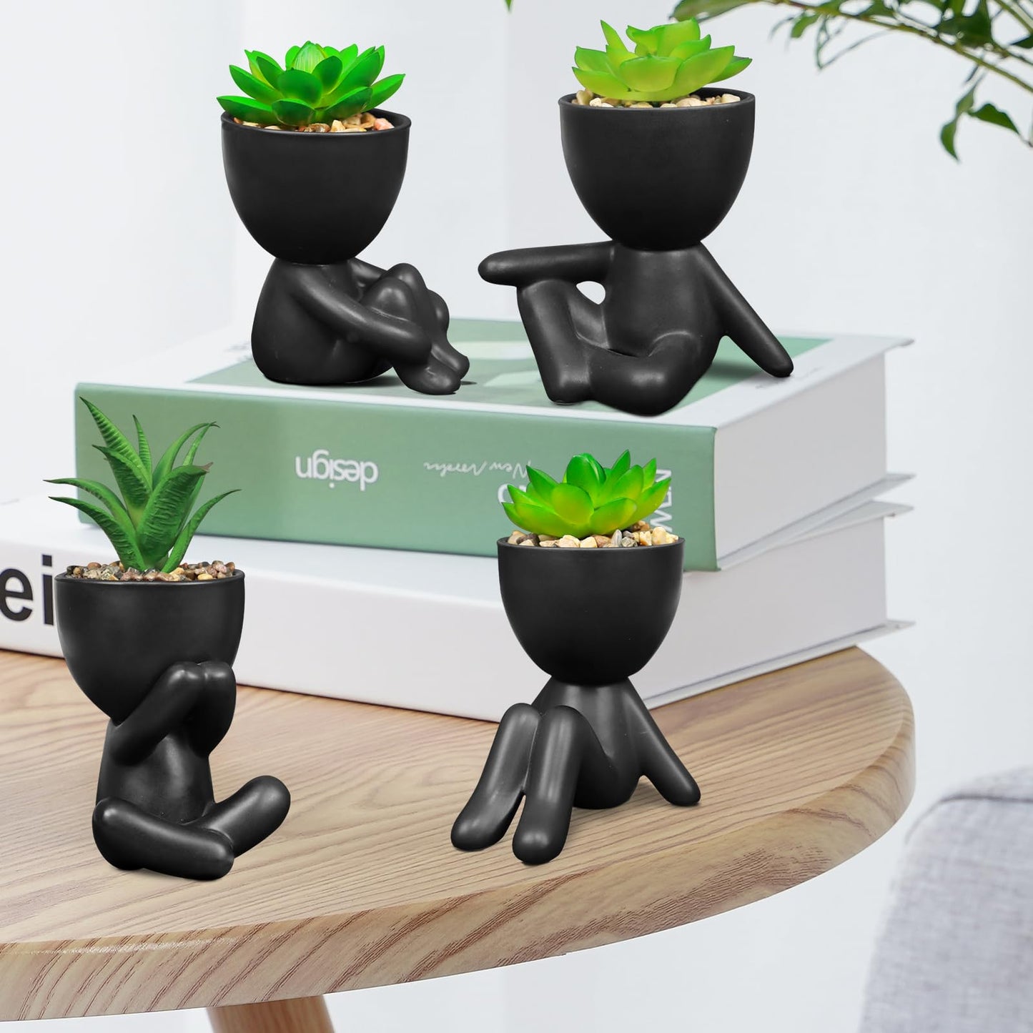 SEMSOIIO Pack of 4 Black Cute Fake Plants, Artificial Succulent Plants with Creative Human Shaped Pots,Mini Potted Desk Plants for Office Bathroom Shelf Cubicle Home Decor (Matte Black)