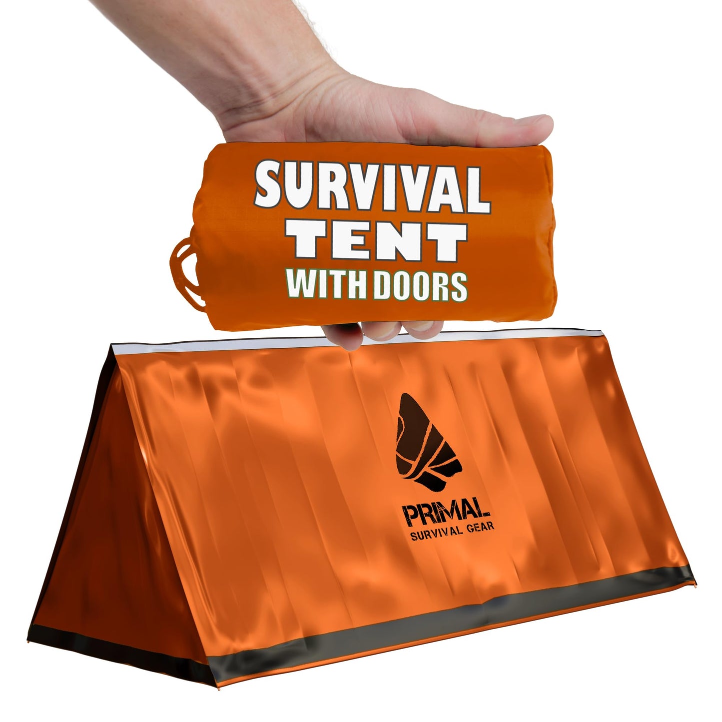 Orange Polyester Survival Tent with Doors - Compact, Durable, All-Season Shelter for Camping, Hiking, and Emergency Preparedness