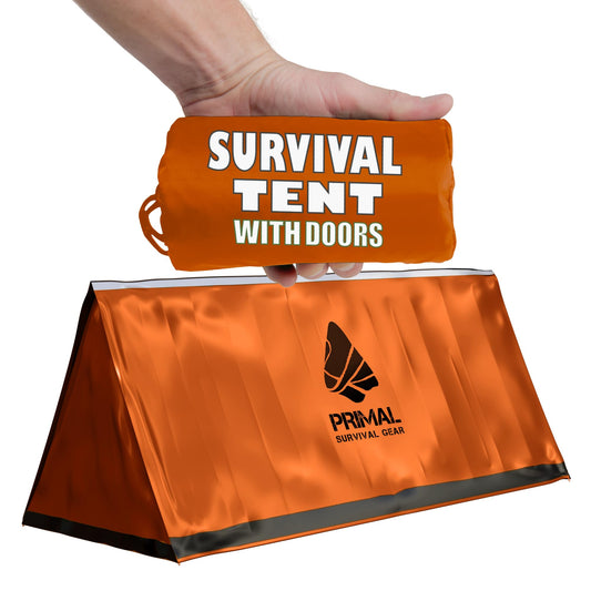 Orange Polyester Survival Tent with Doors - Compact, Durable, All-Season Shelter for Camping, Hiking, and Emergency Preparedness