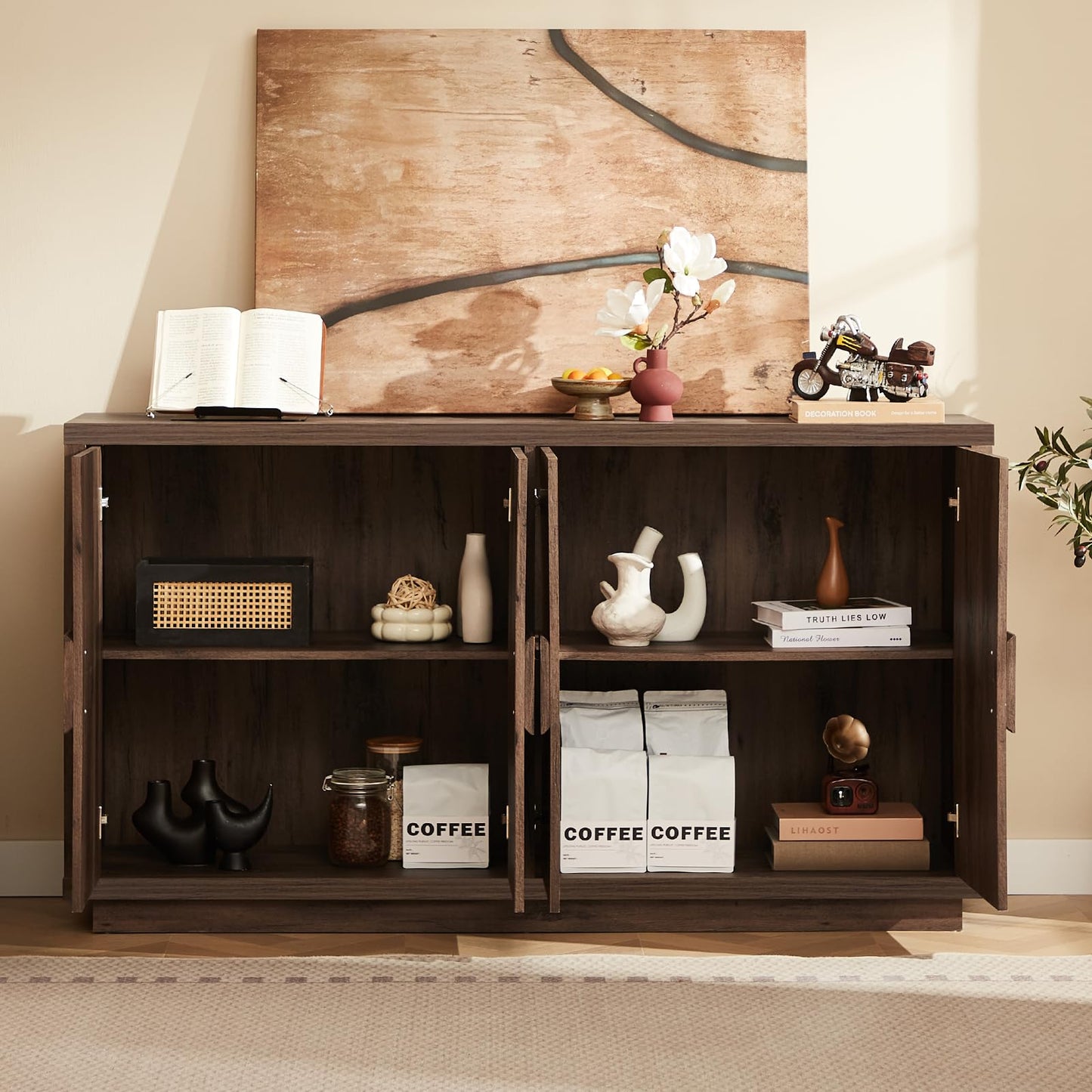 Lefurture 63 Inch Long Buffet Cabinet with Storage, Farmhouse Woodgrain Sideboard Modern Credenza with Doors & Shelves, Mid Century Coffee Bar Wine Bar Storage Cabinet for Living Room, Hallway