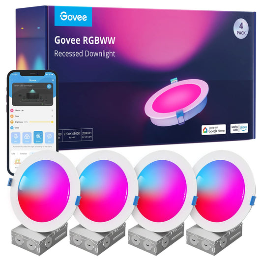 Govee Smart Recessed Lighting 6 Inch, Wi-Fi Bluetooth Direct Connect RGBWW LED Downlight, 65 Scene Mode, Canless Recessed Light Work with Alexa & Google Assistant with Junction Box, 1100 Lumen, 4 Pack