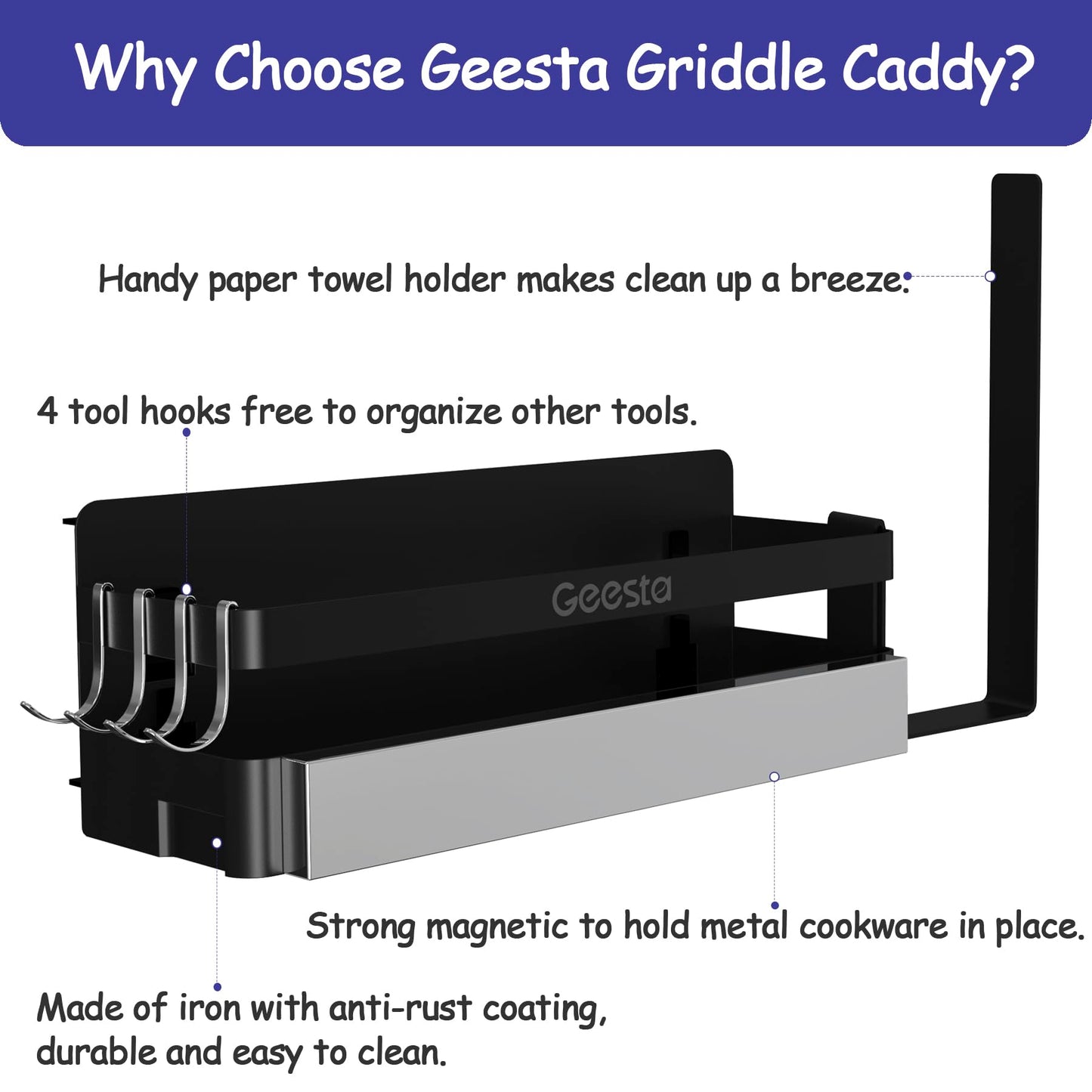 Geesta Upgraded Griddle Caddy for Blackstone 28"/36" Griddles/Weber Grill/Prep Cart, BBQ Grill Accessories Space Saver with Magnetic Tool Holder & Paper Towel Holder