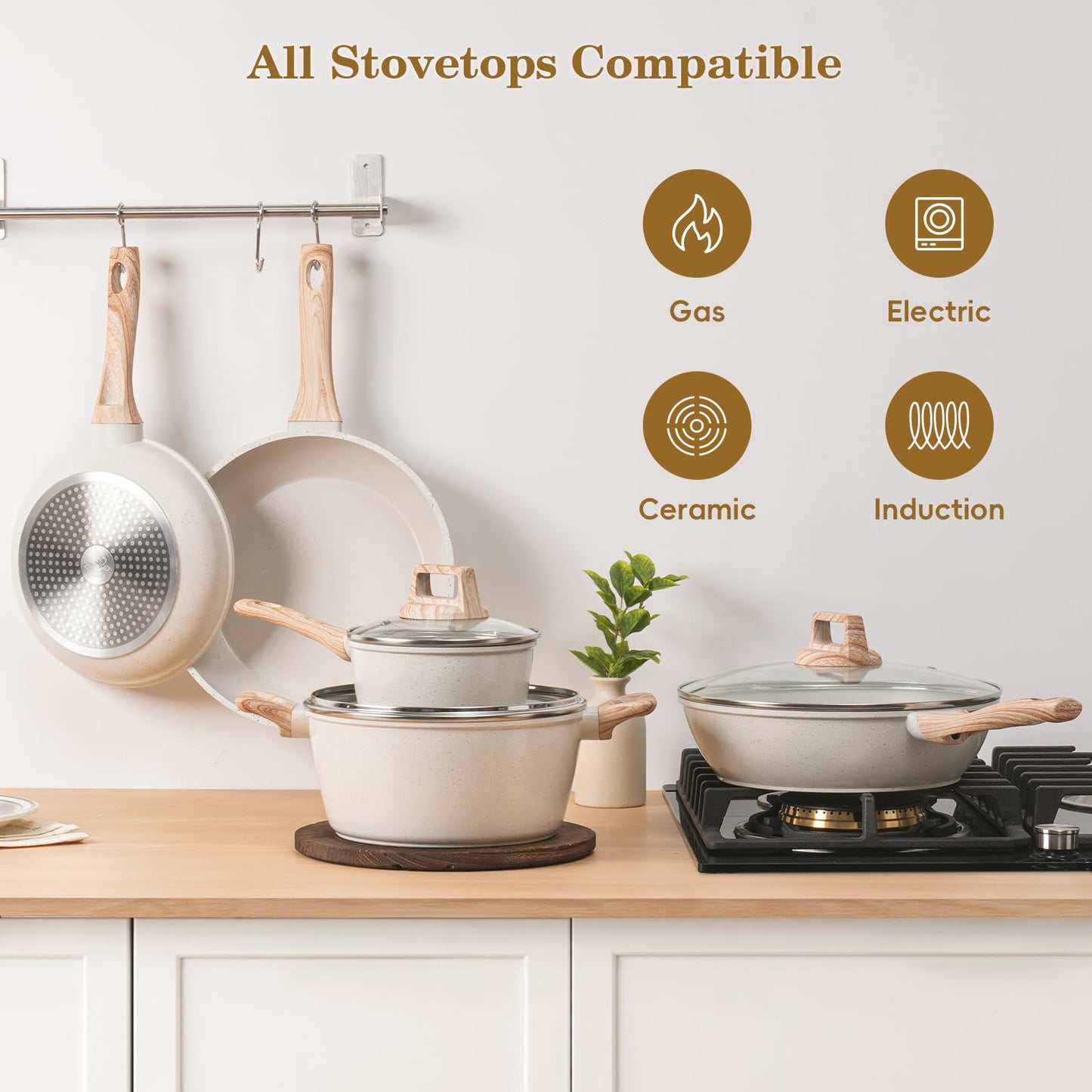 SODAY 12 Pcs Pots and Pans Set Non Stick, Cookware Sets White Granite Induction Cookware, Non-toxic Healthy Nonstick Kitchen Cooking Set with Frying Pans Set, Saucepans (PFAS/PFOA/PFOS Free)