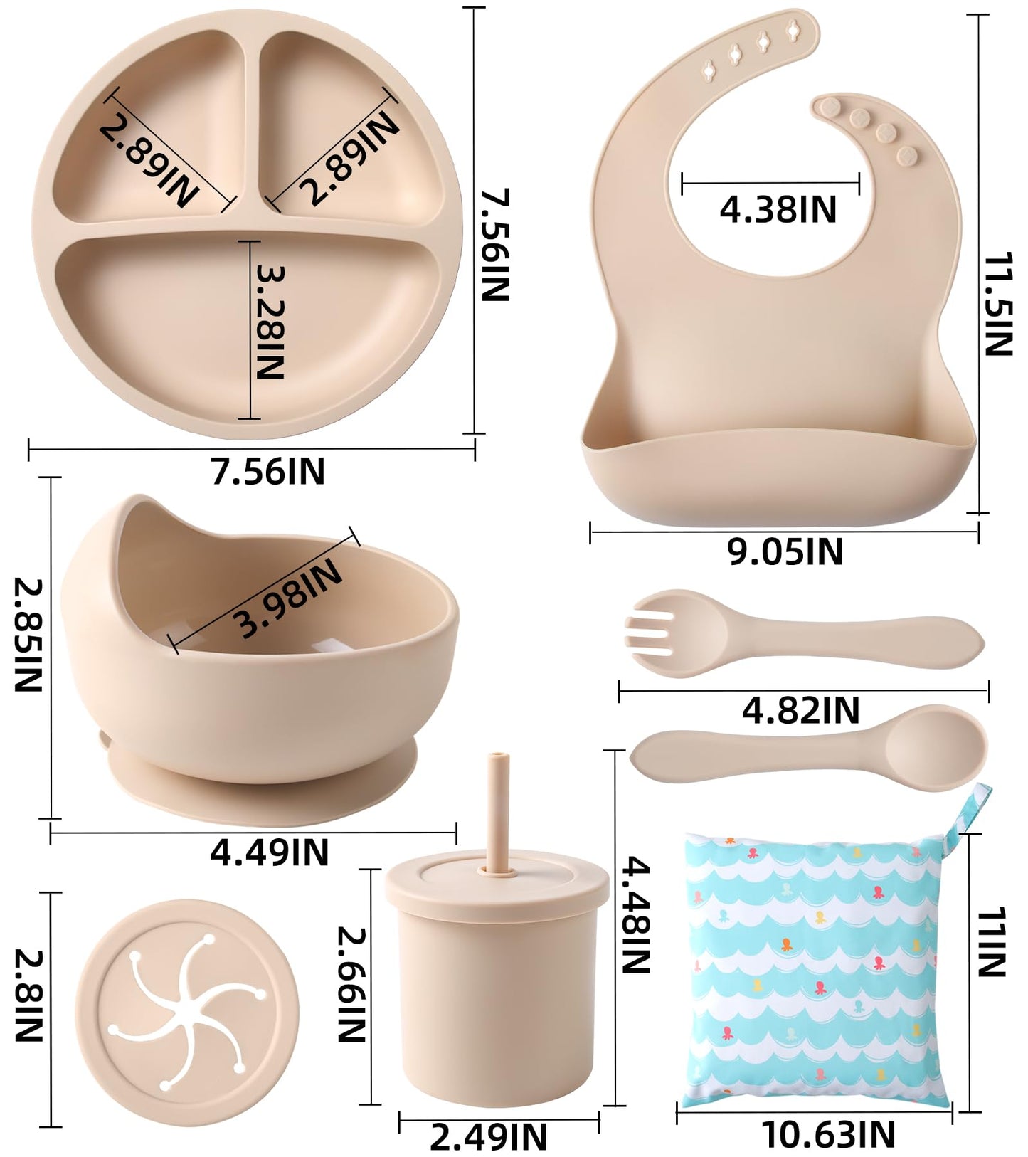 ECLIP Silicone Baby Feeding Set, 10 Pcs Baby Eating Essentials with Suction Bowl Divided Plate Adjustable Bib Soft Spoon Fork Snack Cup with Lid Drinking Cup, Utensil (Beige)
