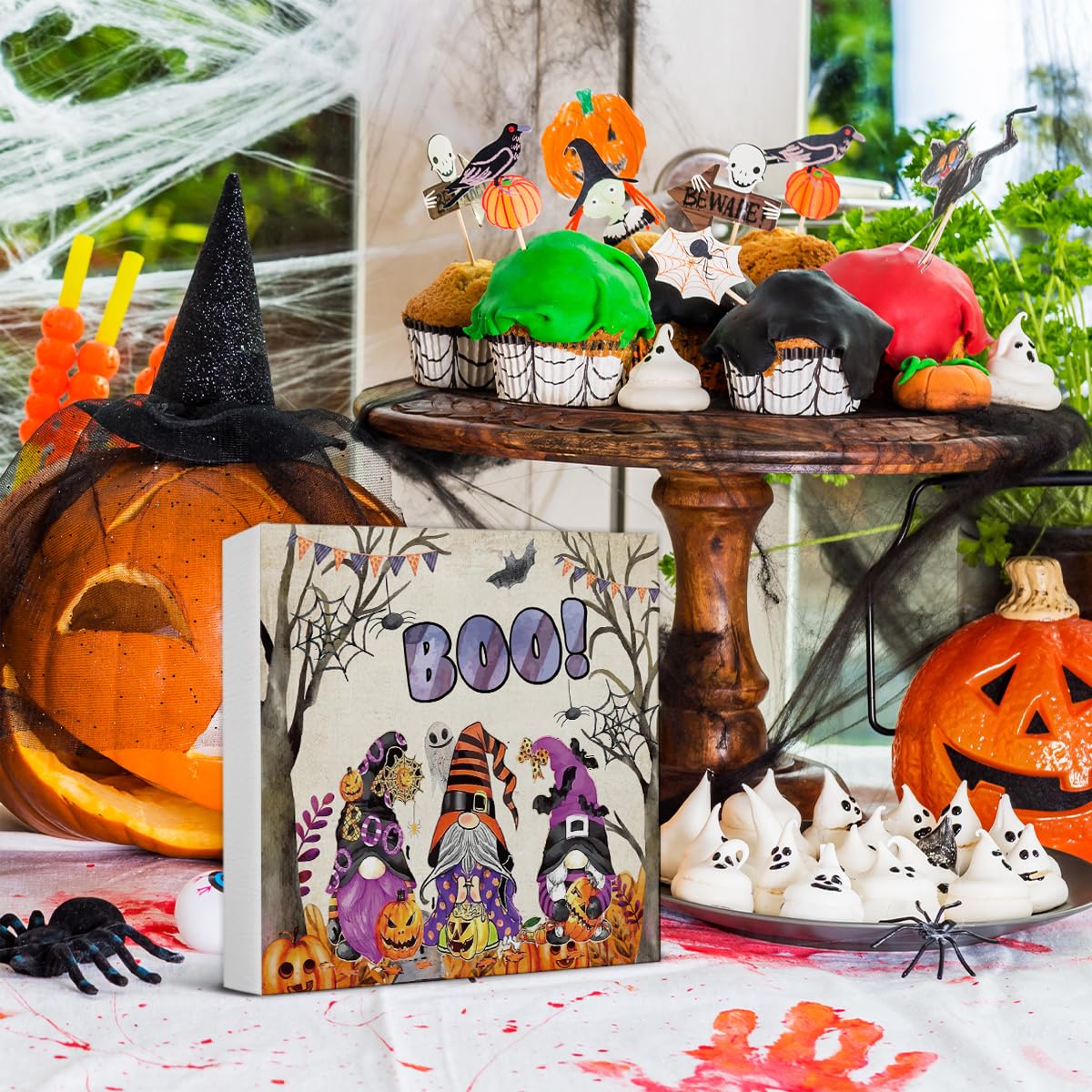 Halloween Decorations, Boo Gnomes Wooden Sign Decor Desk Sign Spooky Pumpkins Wooden Block Sign Halloween Home Decor for Table Shelf 5 x 5 Inch