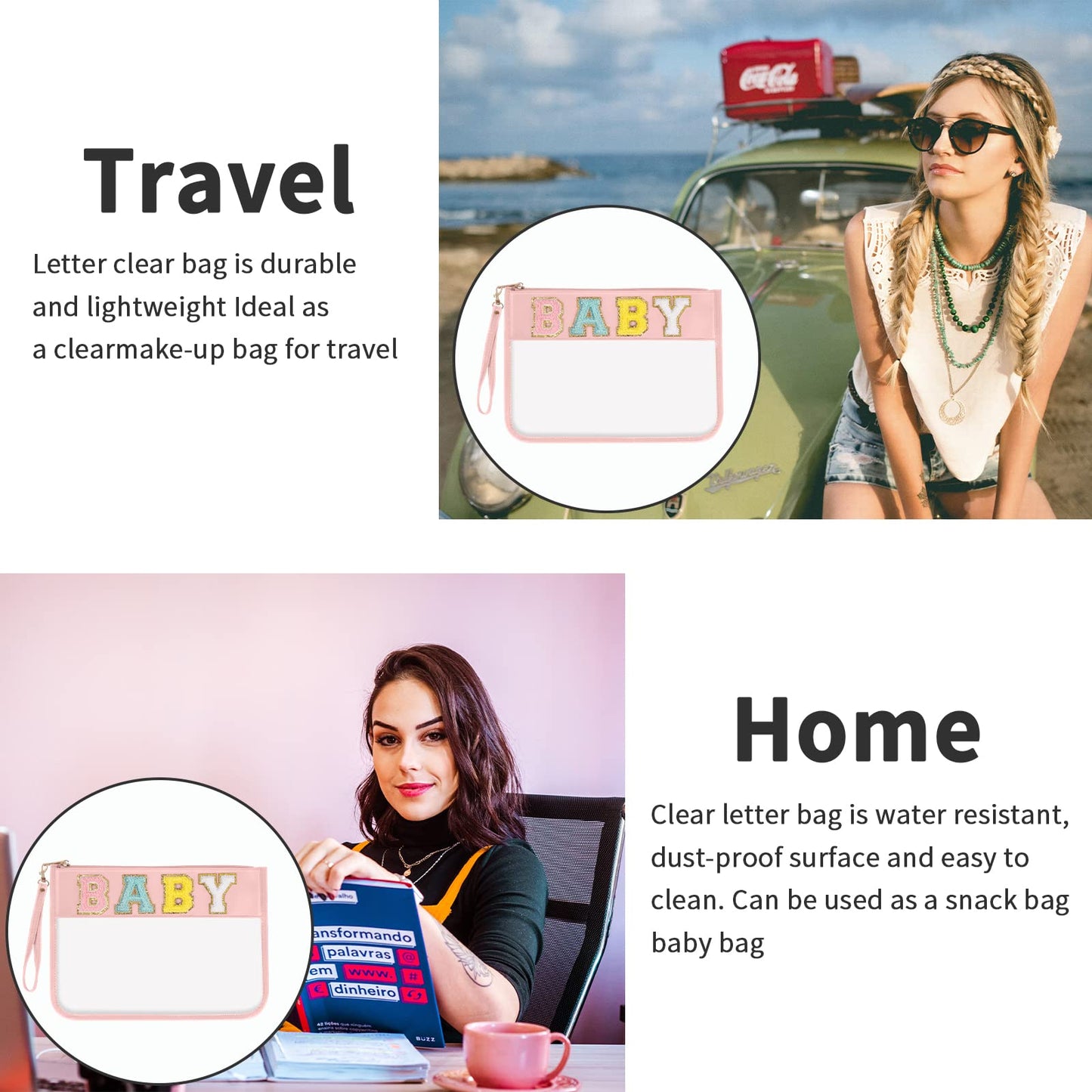 Iqimott Monogram Letter Clear Bag Purse, Chenille Glitter Letter Makeup Cosmetic Bag Patch Zipper Toiletry Pouch, Portable Travel Beach Snack Wristlet Bag for Women Girls(Baby, Pink)