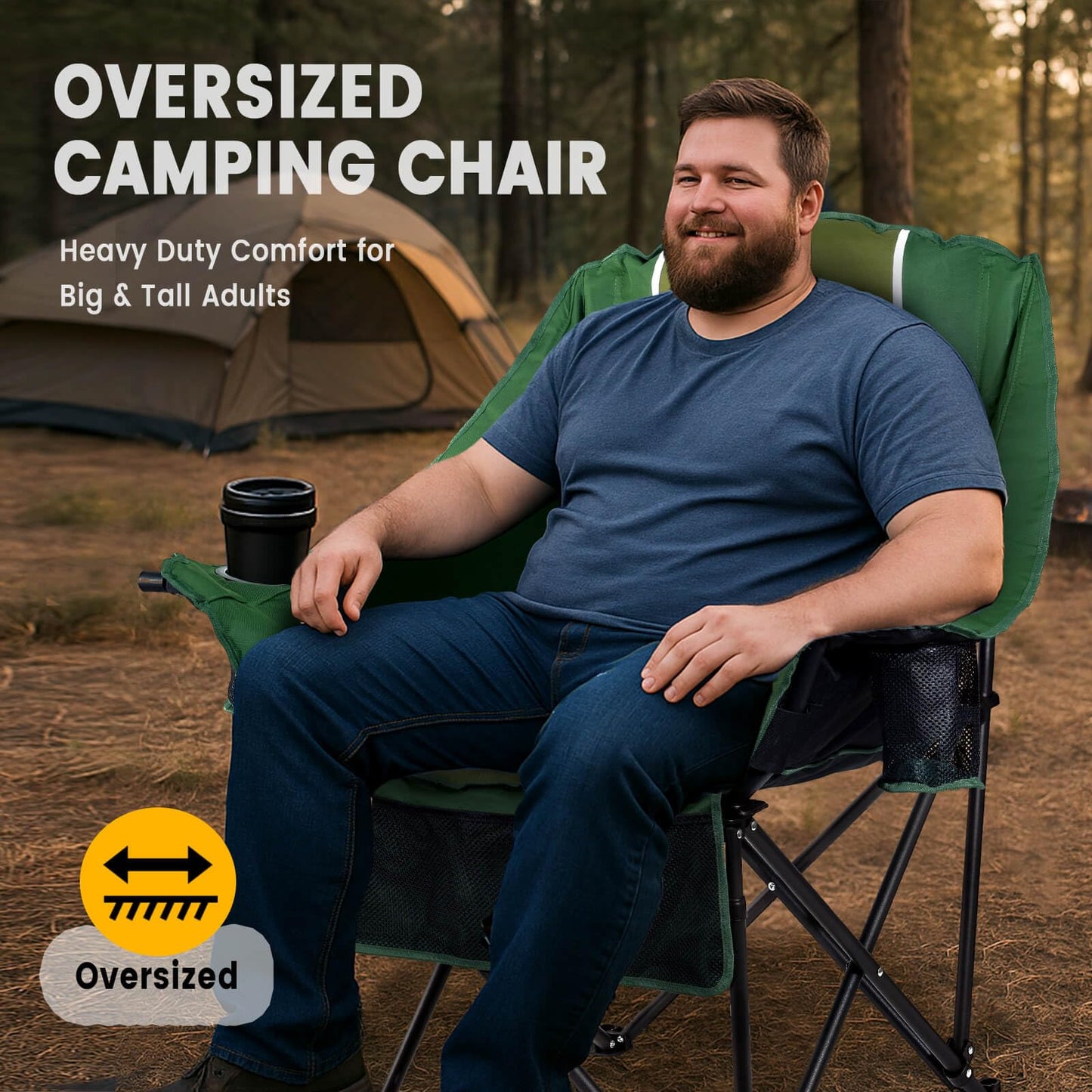 USKAU Oversized Camping Chair for Large Adults Heavy Duty 400 lbs Capacity, Comfortable Padded Folding Lawn Chair with Back & Headrest Support and Cup Holder, Portable Outdoor Chair with Carry Bag