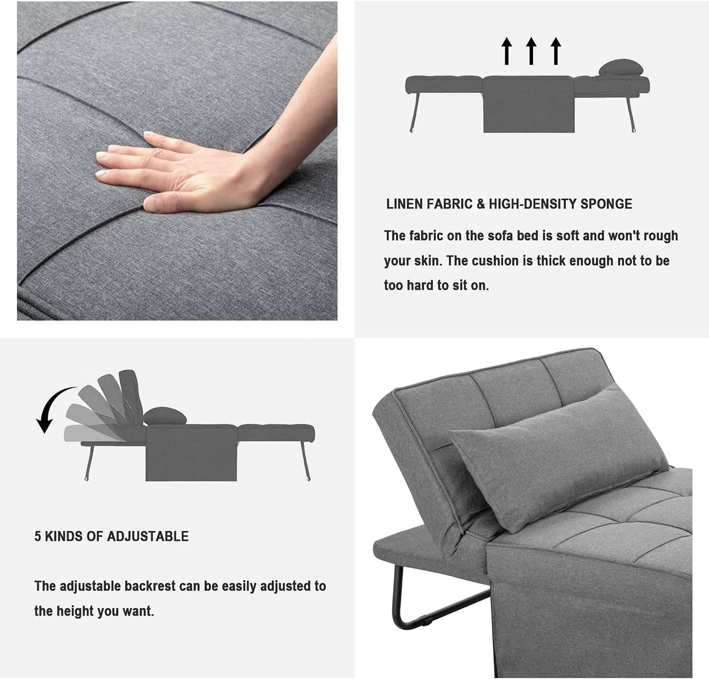 BIGSYY Sofa Bed, 4 in 1 Multi Function Folding Ottoman Sleeper Bed,Modern Convertible Chair Adjustable Backrest Sleeper Couch Bed for Living Room Small Room Apartment, Light Grey