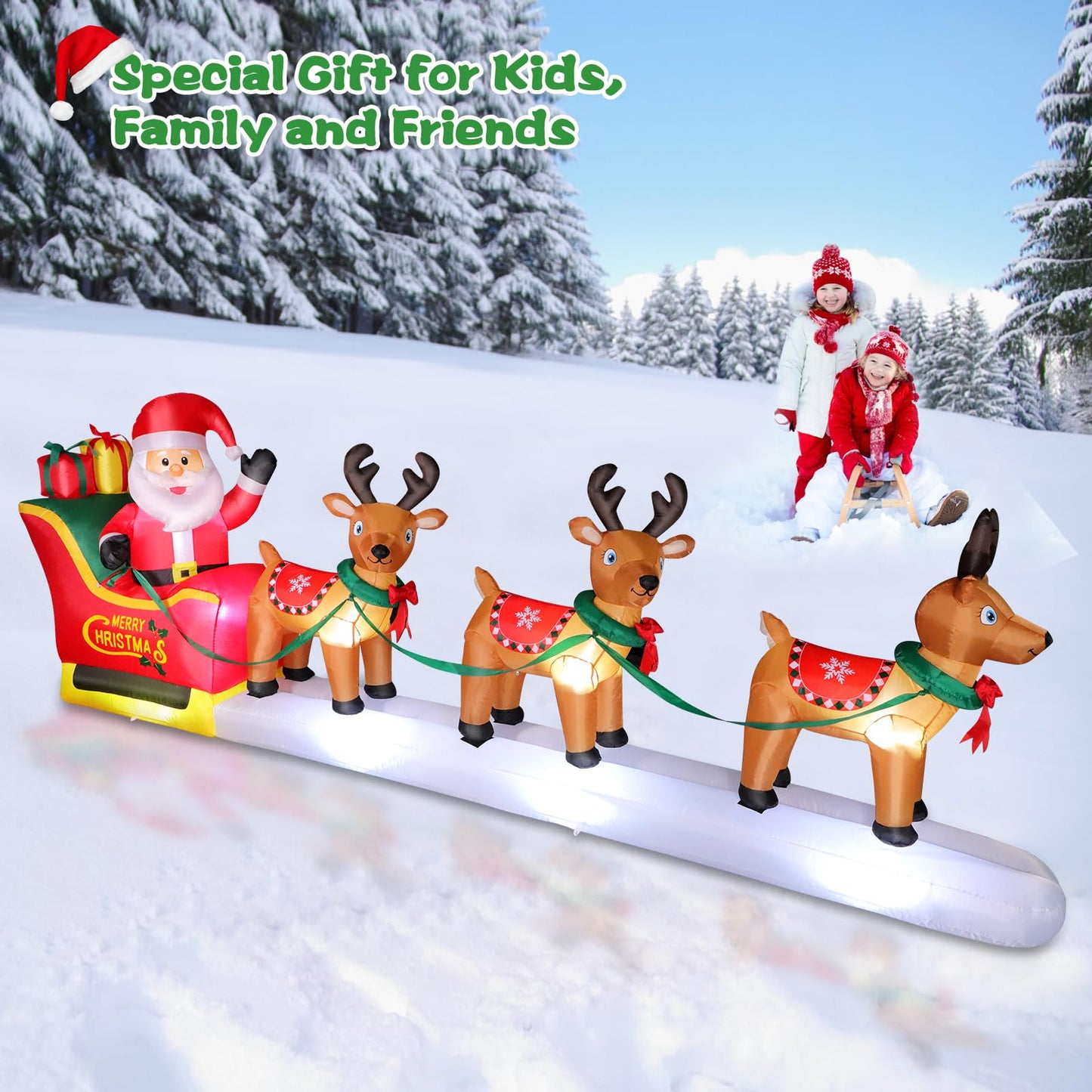 12 FT Christmas Inflatables Outdoor Decorations Santa Claus on Sleigh, Blow Up 3 Reindeers Pulling Santa's Sleigh with Gift Boxes, Built in LED Lights for Christmas Party Decor, Yard, Garden Lawn