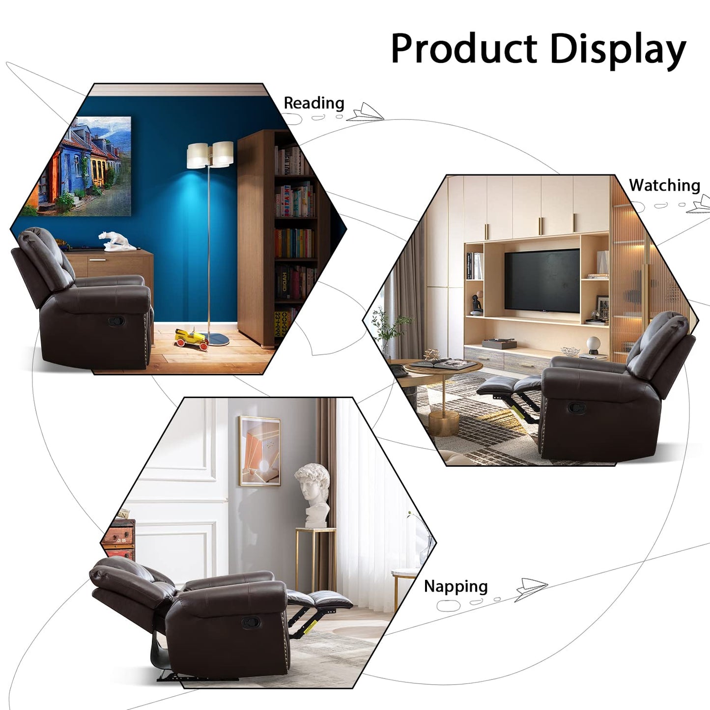 INZOY Leather Recliner Chair, Heavy Duty Manual Reclining Sofa Single Lounge Sofa for Living Room, Home Theater Seating, Brown