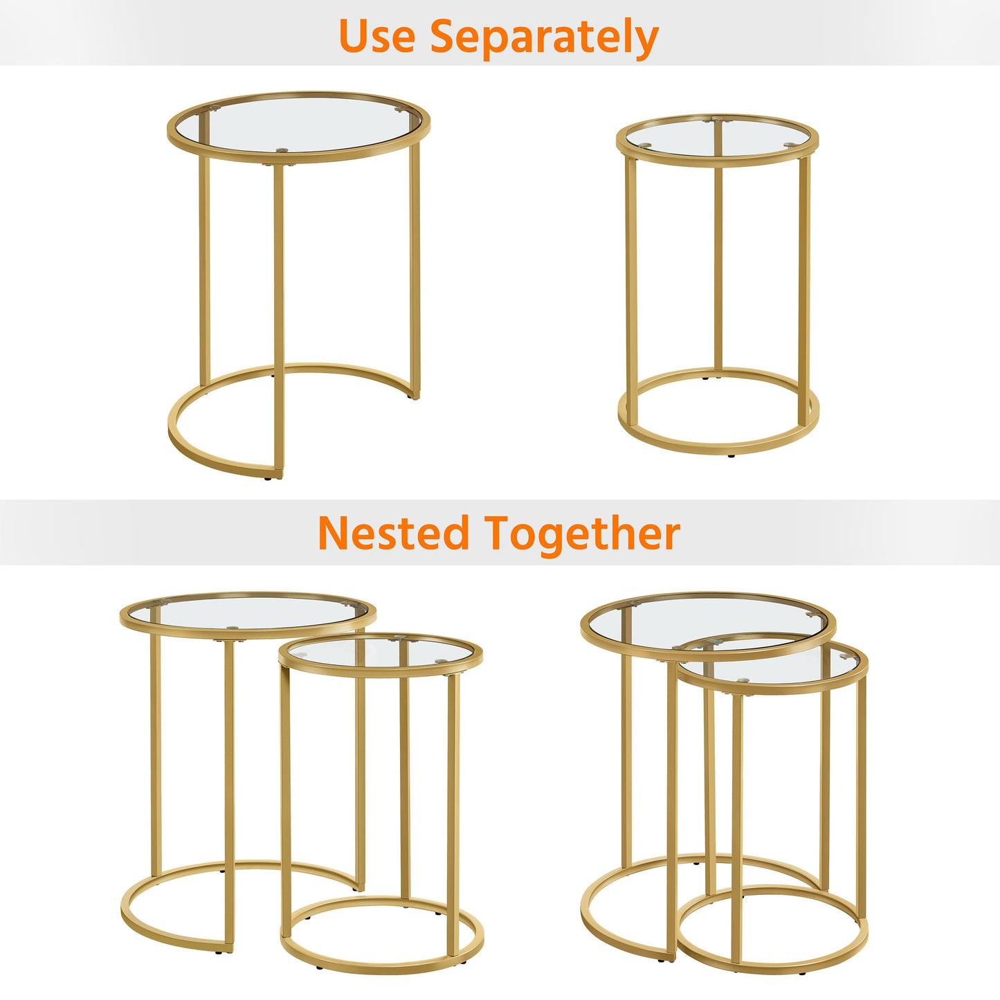 Yaheetech Round Nesting Side Table Stacking Coffee Table, Set of 2 Circular End Tables w/Metal Frame & Tempered Glass Top & Protective Foot Pads for Small Space Living Room Office, Mustard Gold