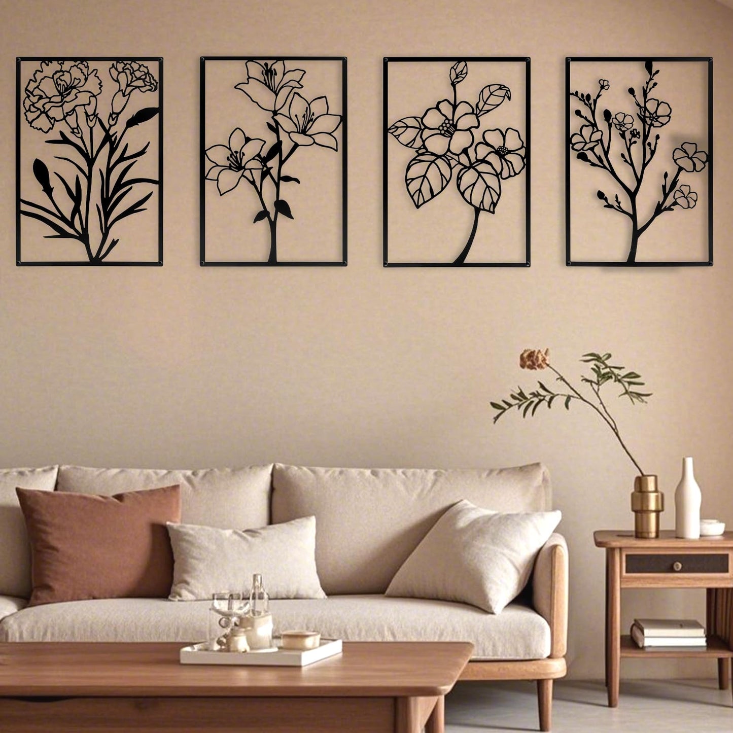 ZNZAPO 4 Pcs Black Metal Flower Wall Art, Abstract Line Art Wall Decor, Minimalist Floral Wall Hanging Art, 3d Wall Art Sculptures Decor for Living Room Bedroom Bathroom (11 × 15.7”)