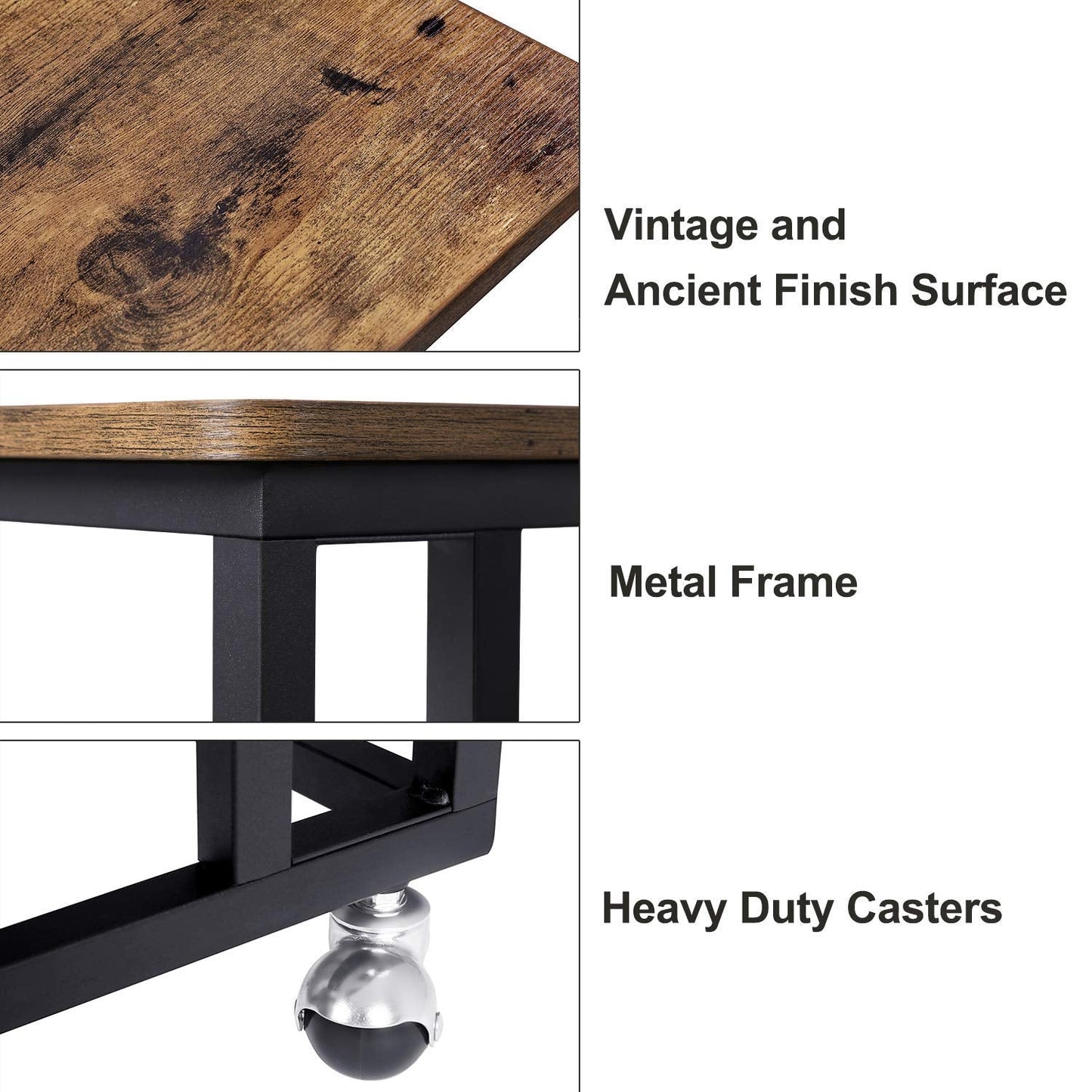 VASAGLE End Table, C Shaped TV Tray with Metal Frame Rolling Casters, Industrial Side Table for Living Room Bedroom, 19.7 x 13.8 x 23.6 Inches, Rustic Brown and Black