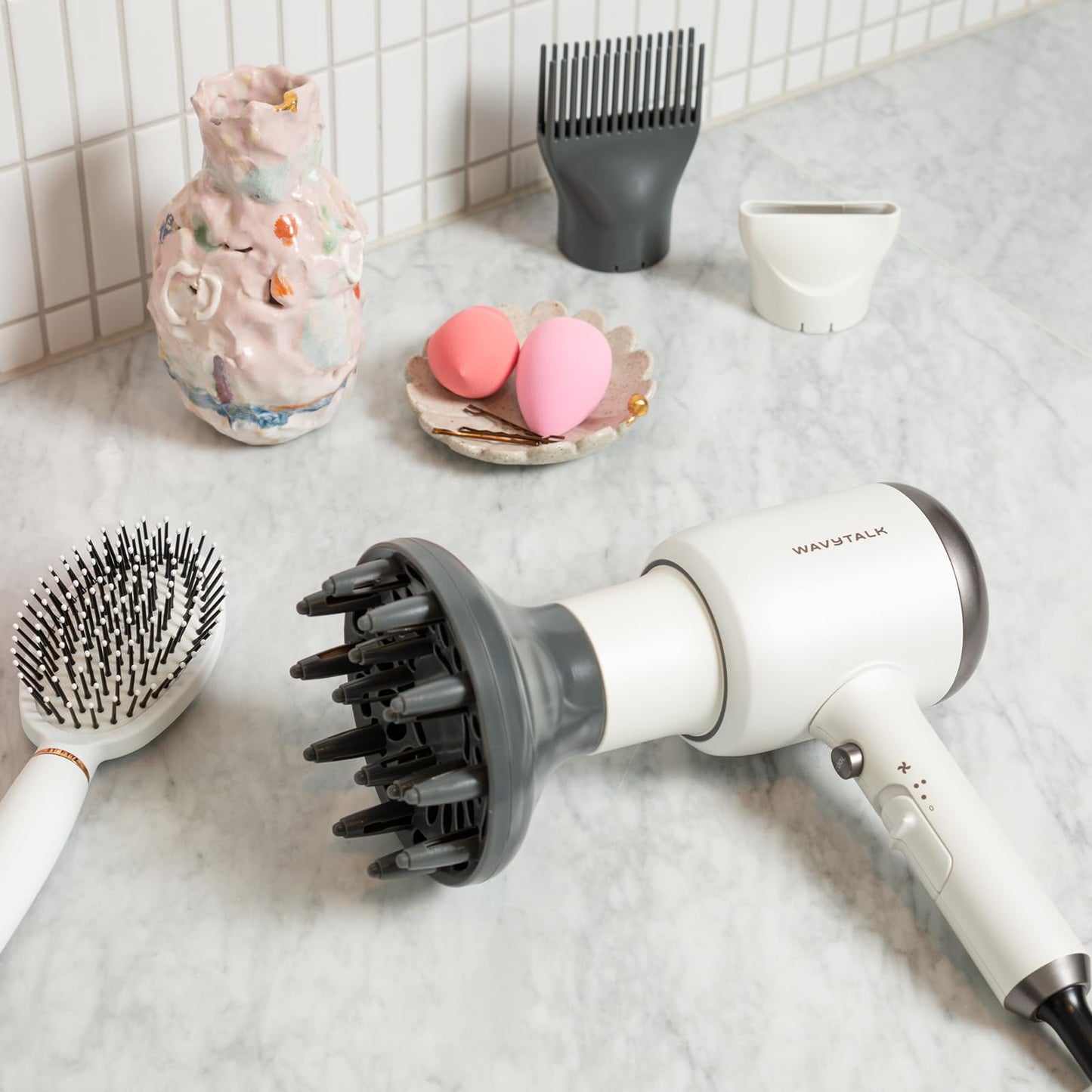 Wavytalk Blow Dryer, Blown Away Ionic Hair Dryer for Curly Hair with Diffuser, 1875W Fast Drying Blow Dryer with Ceramic Technology, 3 Attachments for All Hair Types, Light and Quiet, Grey