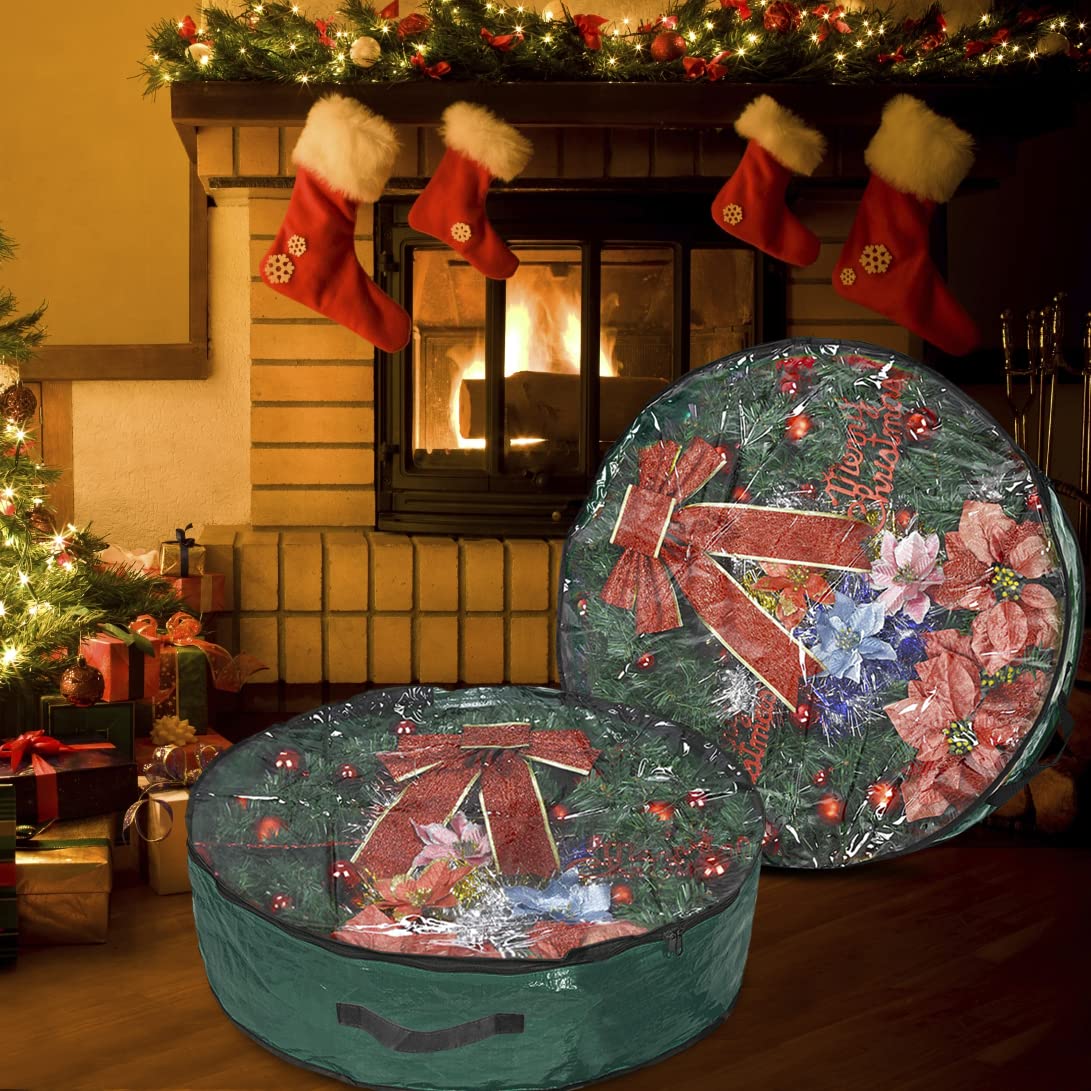 Propik Christmas Wreath Storage Bag 36" - Garland Holiday Container with Clear Window - Tear Resistant Fabric - 2 Pack (36 Inch, Green)