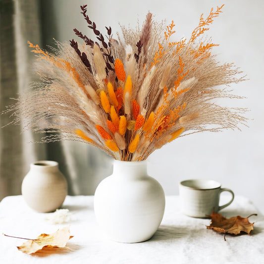 Fall Home Decor 104Pcs Orange Pampas Grass Autumn Dried Flowers Decorations Fluffy Gold Bouquet Fall Wedding Table Centerpieces Rustic Farmhouse Floral Fall Flowers Boho Indoor Outdoor Decor, 17Inch