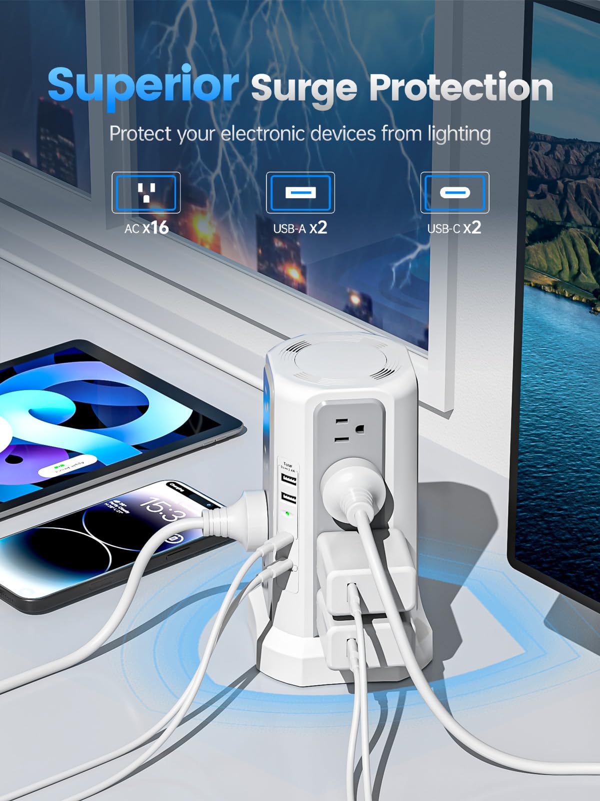 Power Strip Tower Surge Protector with 4 USB Ports (PD 20W), 6FT Extension Cord with 16 AC Multiple Outlets, Charging Station Tower with Surge Protection for Home Dorm Office Supplies