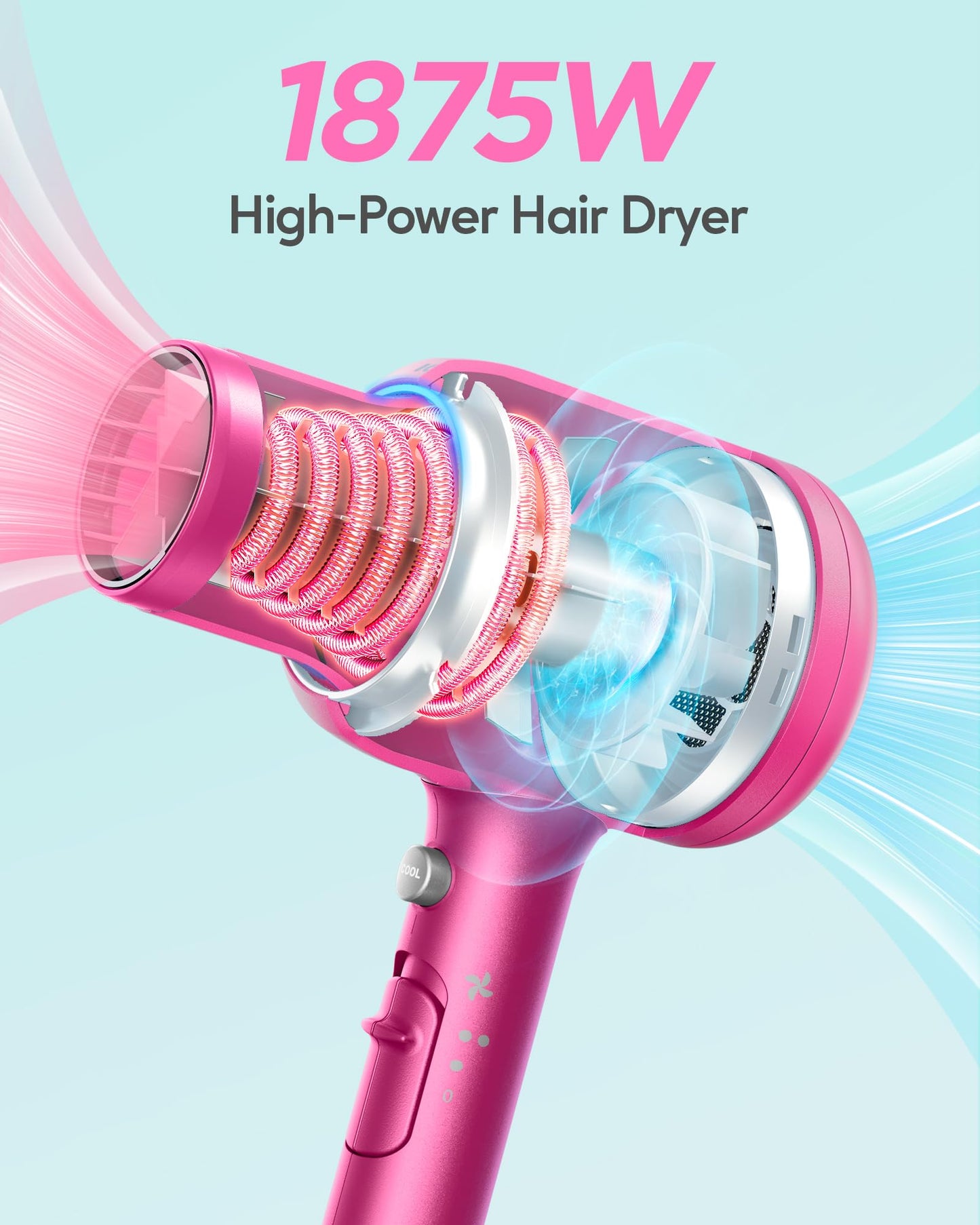 Wavytalk Hair Dryer with Diffuser, Blown Away Ionic Hair Dryer for Curly Hair, 1875W Fast Drying Blow Dryer with Ceramic Technology, 3 Attachments for All Hair Types, Light and Quiet, Hot Pink