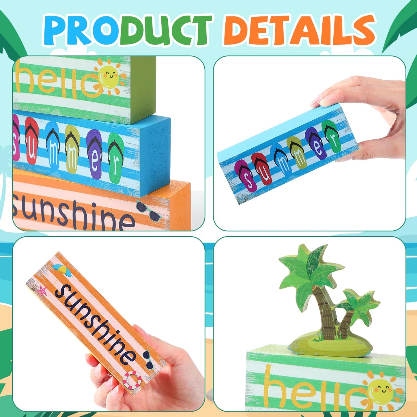 Hello Summer Wooden Tiered Tray Decor - Rustic Farmhouse Table Centerpiece & Shelf Decor for Home Office Indoor, Summer Tabletop Sign Blocks with Books Stack Design,Kitchen Decorations(Set of 4)