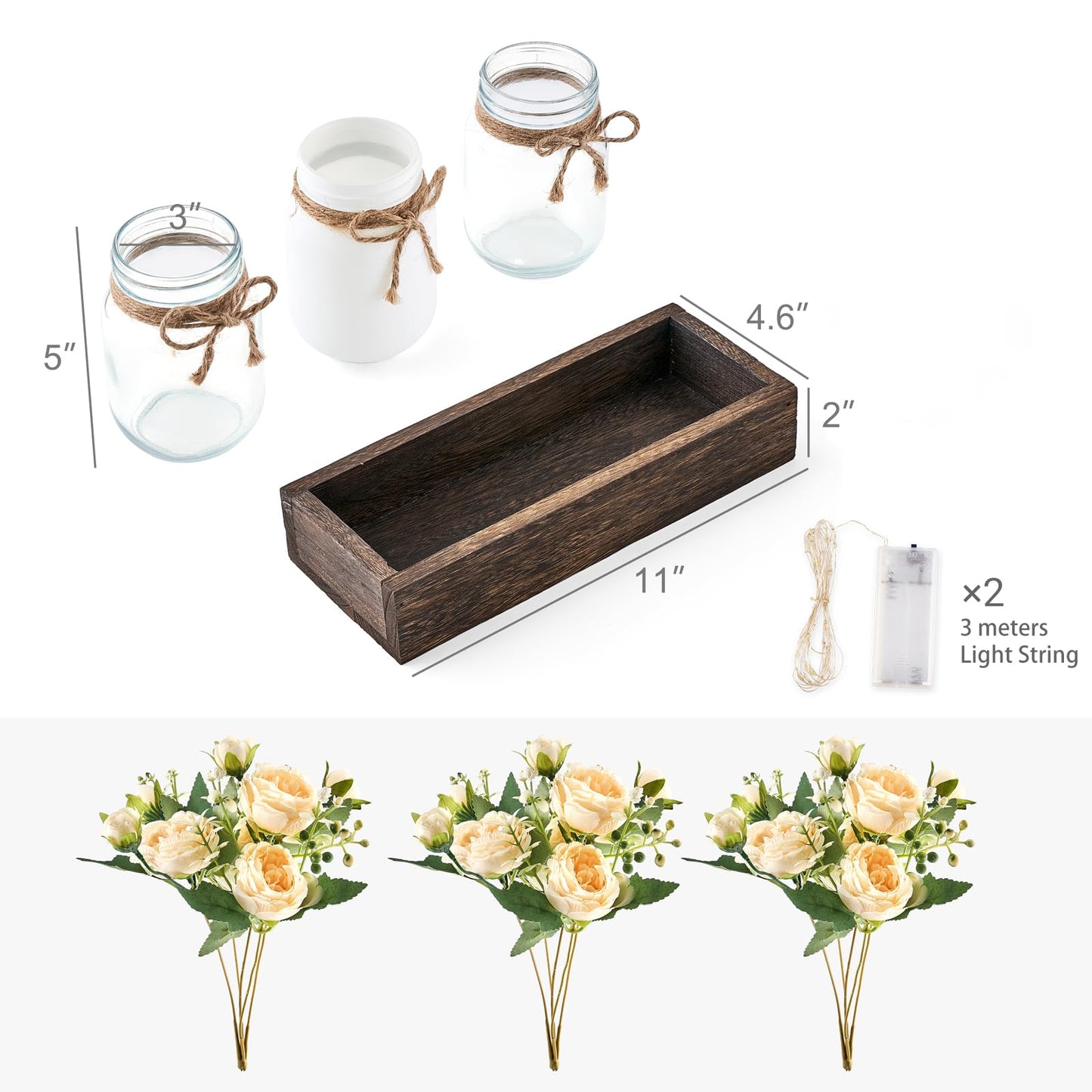 Mkono Mason Jar Lights Centerpiece Table Decor for Dining Room Farmhouse Wood Tray with 3 Jars Flowers Summer Decoration for Coffee Table Kitchen Living Room Wedding