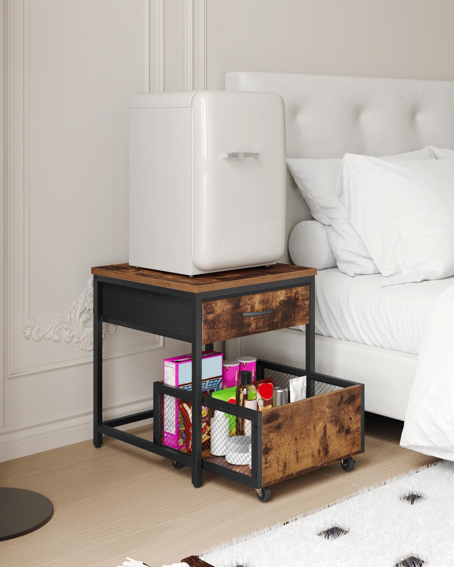 CHOEZON End Table, 19.7 Inch Square Side Table, Mini Fridge Stand with Storage, Nightstand with Mobile Basket Cart, for Living Room, Bedroom, Rustic Brown and Black TBZ55BF