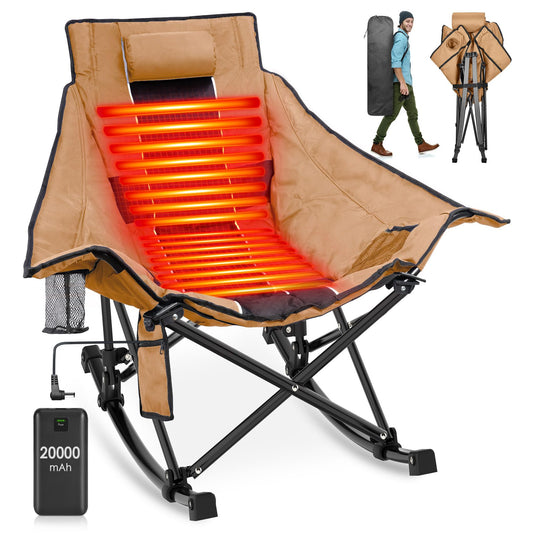 Suteck Heated Rocking Camping Chair, XL Oversized Rocking Chair Outdoor with 3 Heat Levels for Back and Seat, Heated Chairs Outdoor Sports W/20,000mAh Power Bank for Patio Lawn Picnic Travel