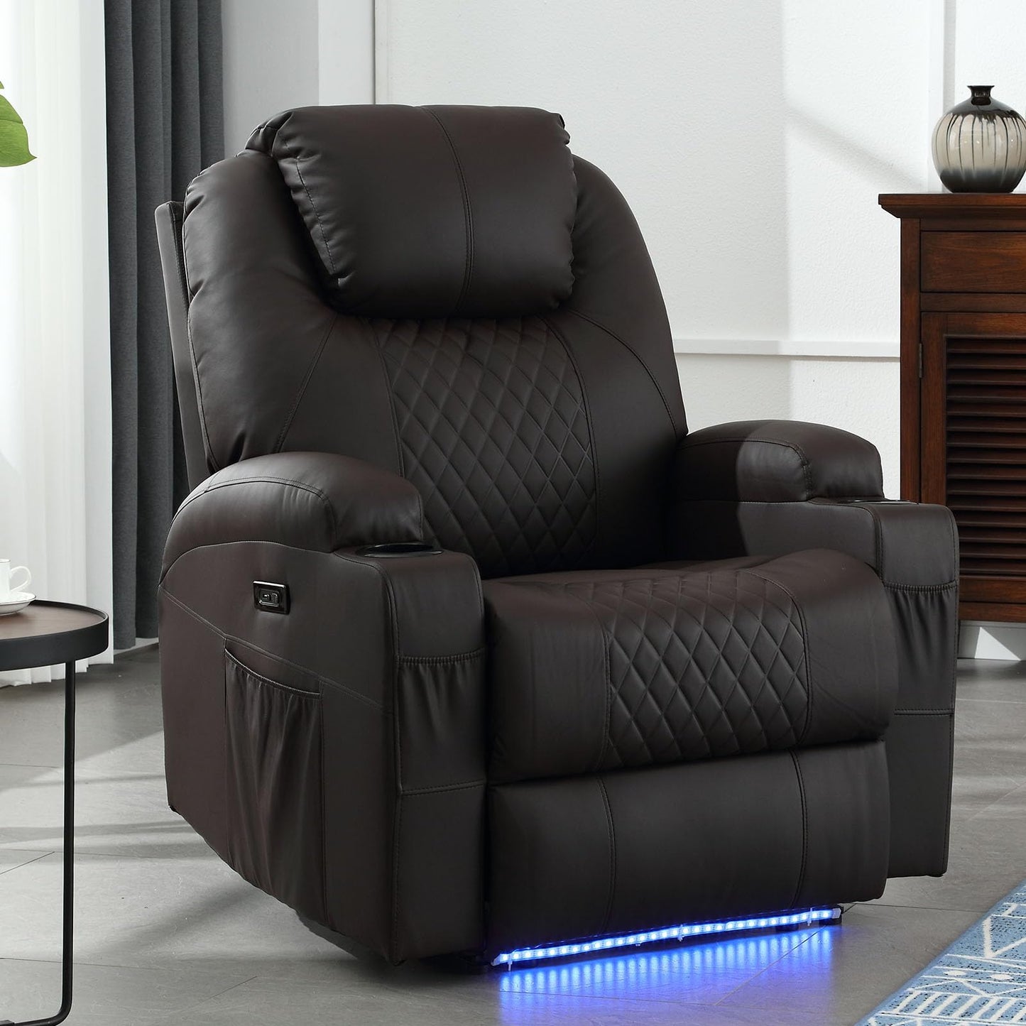 IBTKIG Power Recliner Chair with Heat and Massage, PU Leather Home Theater Seating with LED Lights/Cup Holders/Side Pocket/USB Port, Reclining Sofa Chair for Living Room (1, Brown)